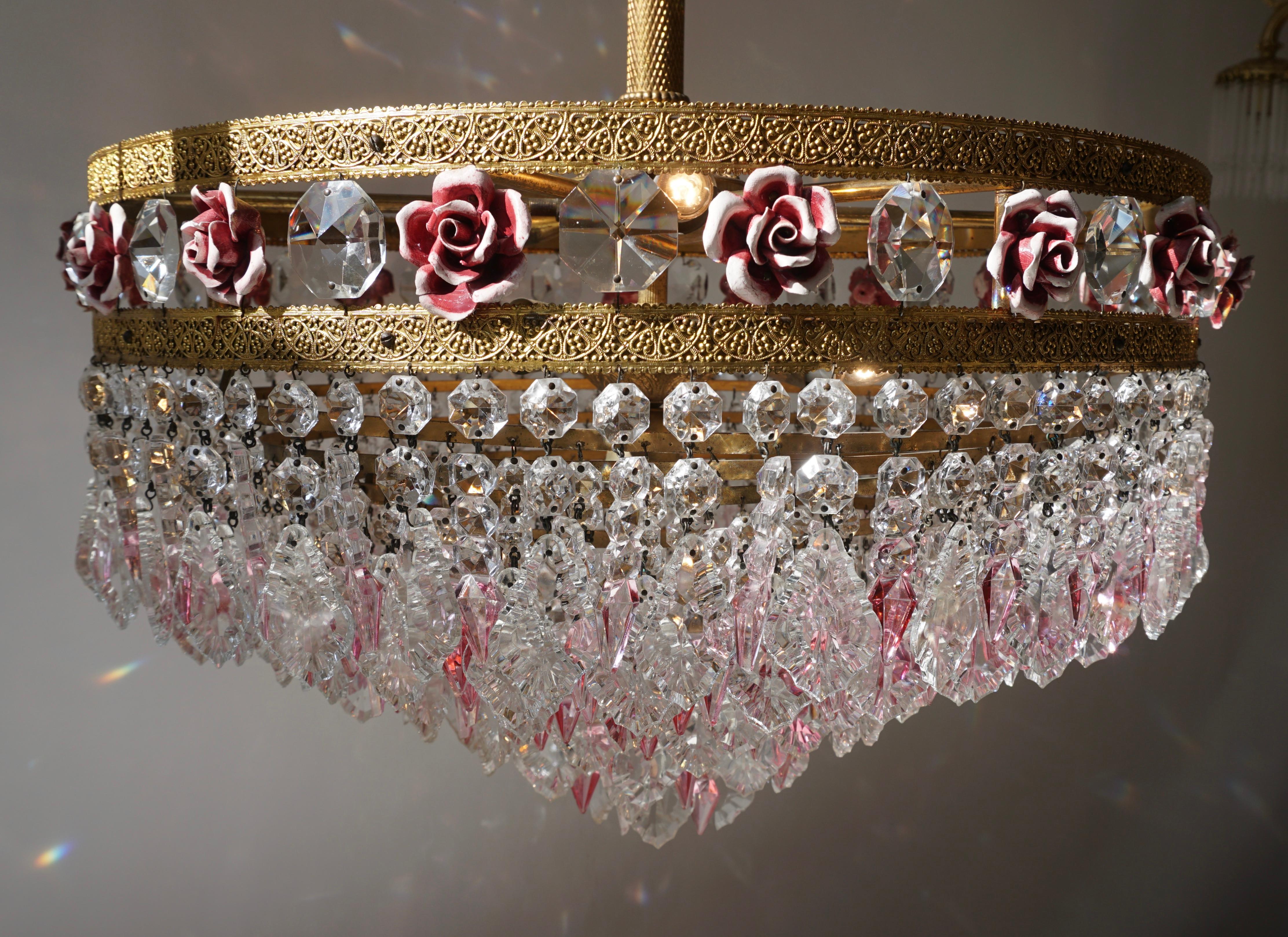 Rare Italian Chandelier with Pink Crystals and Pink Roses For Sale 3