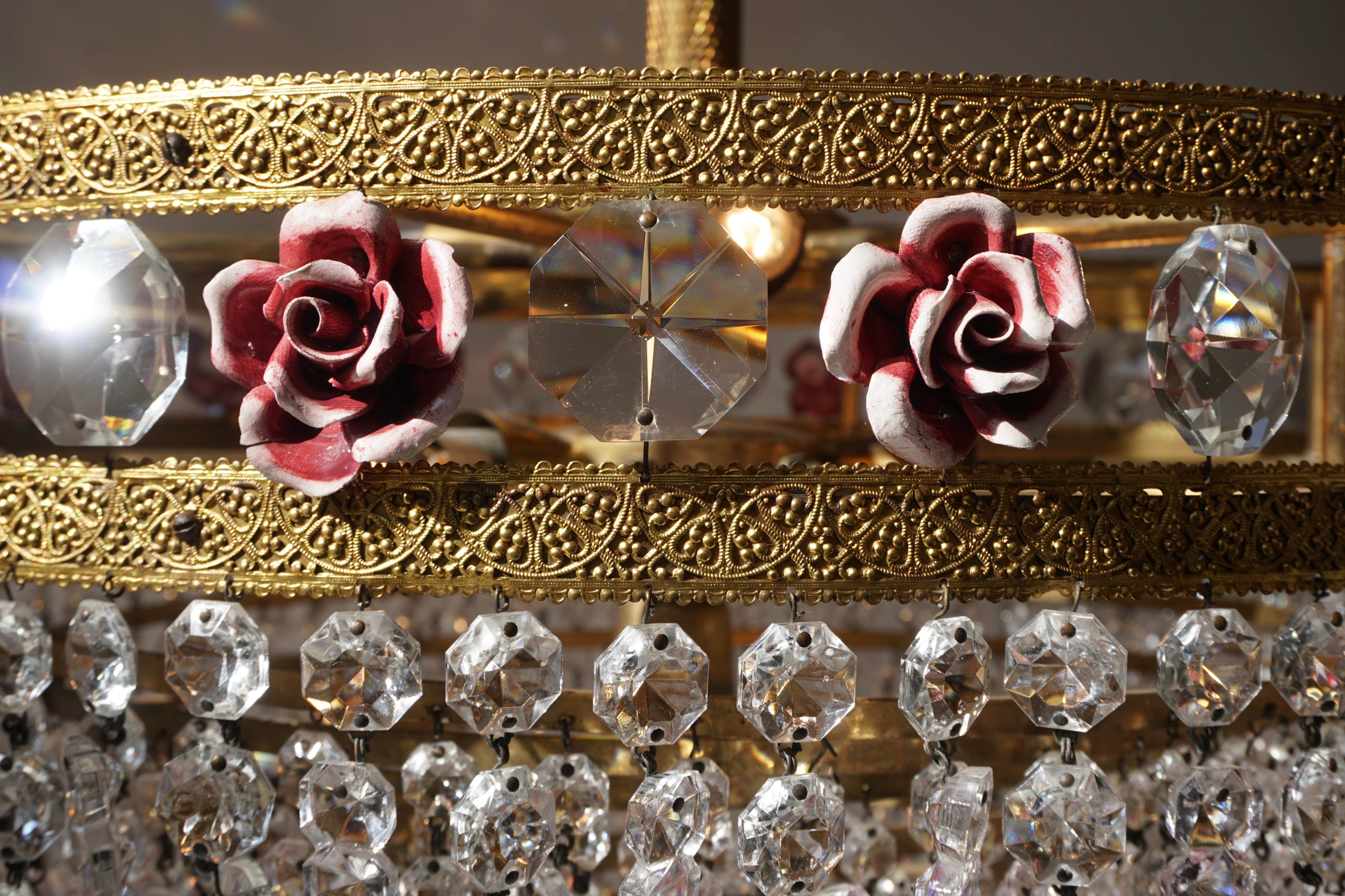 Rare Italian Chandelier with Pink Crystals and Pink Roses For Sale 7