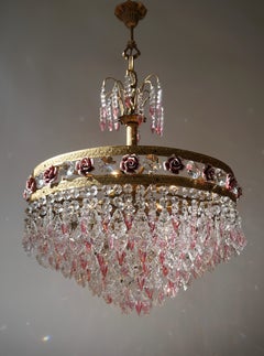 Rare Italian Chandelier with Pink Crystals and Pink Roses