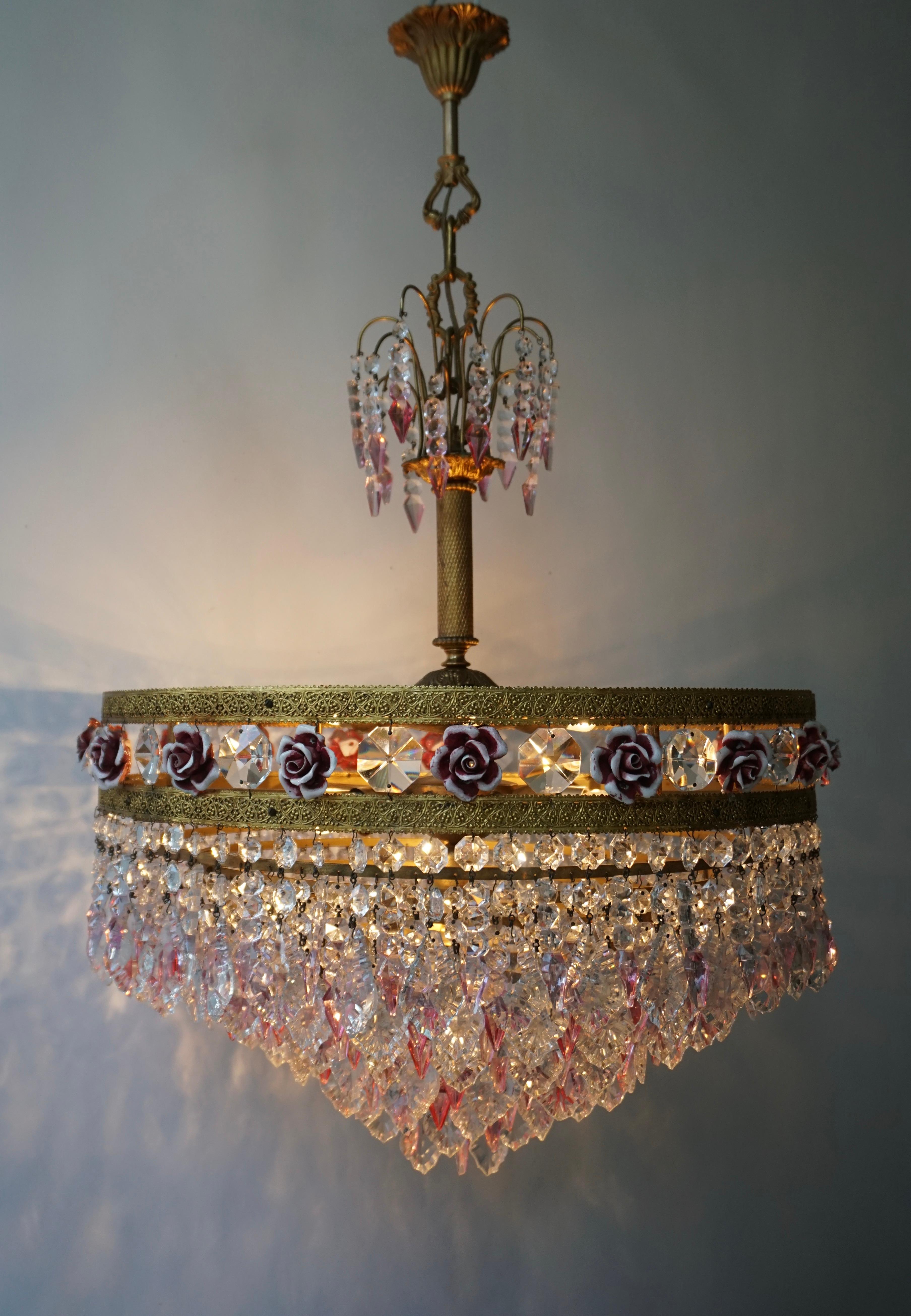 Hollywood Regency Rare Italian Chandelier with Pink Crystals and Pink Roses For Sale