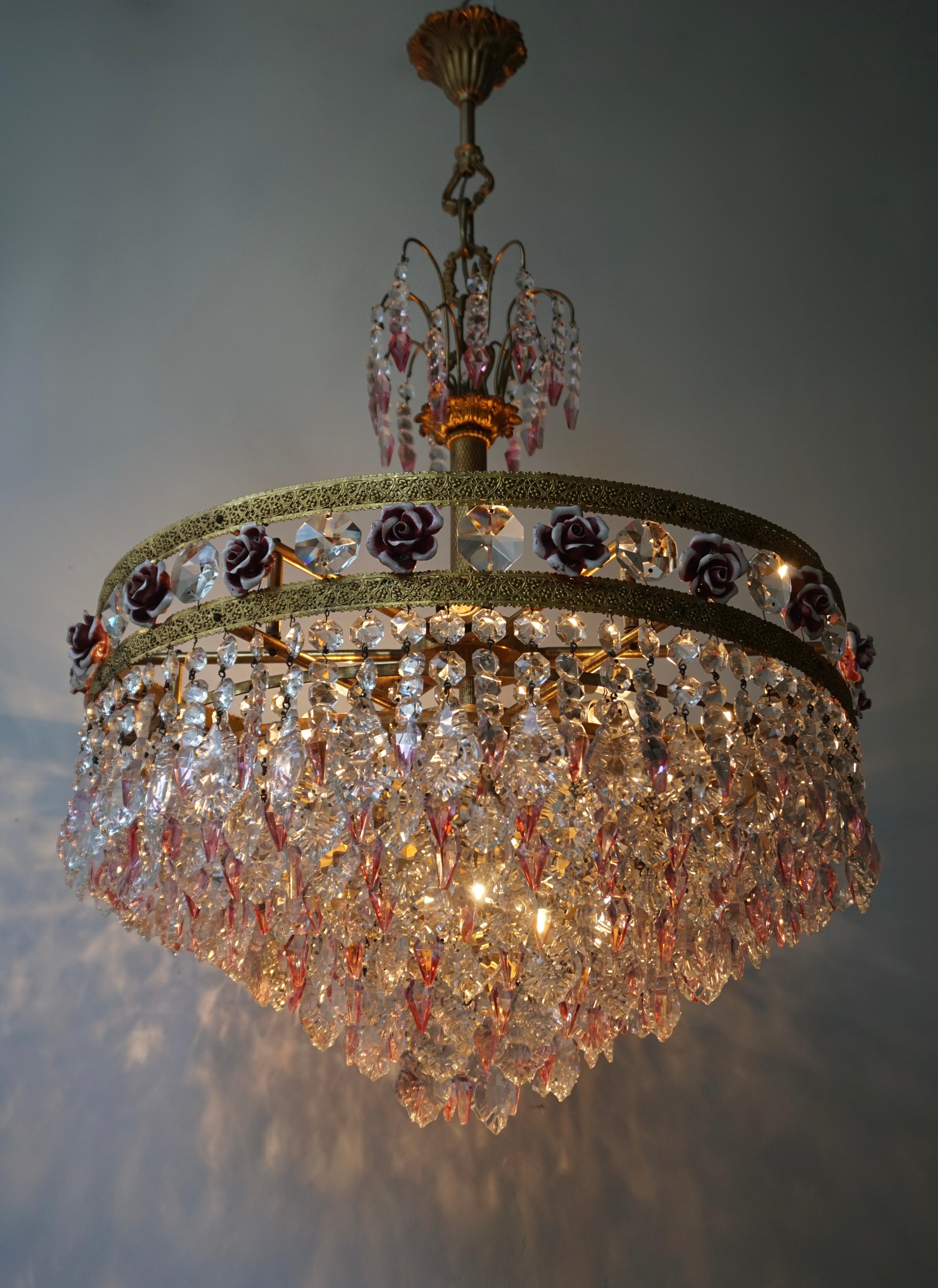 20th Century Rare Italian Chandelier with Pink Crystals and Pink Roses For Sale