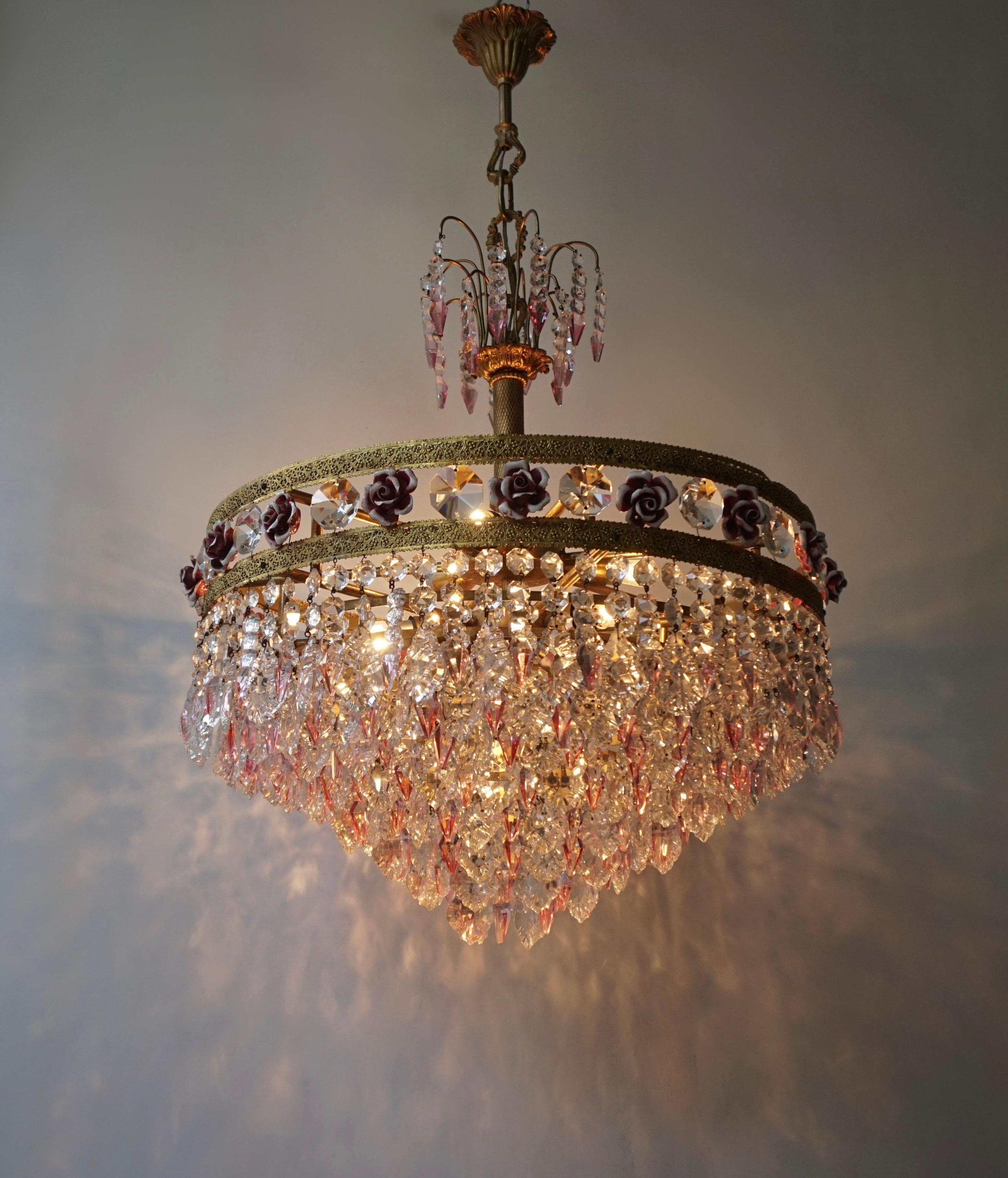 Porcelain Rare Italian Chandelier with Pink Crystals and Pink Roses For Sale