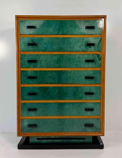 Rare Italian Chest of Drawers in Emerald Green Parchment, Walnut and Black, 50s