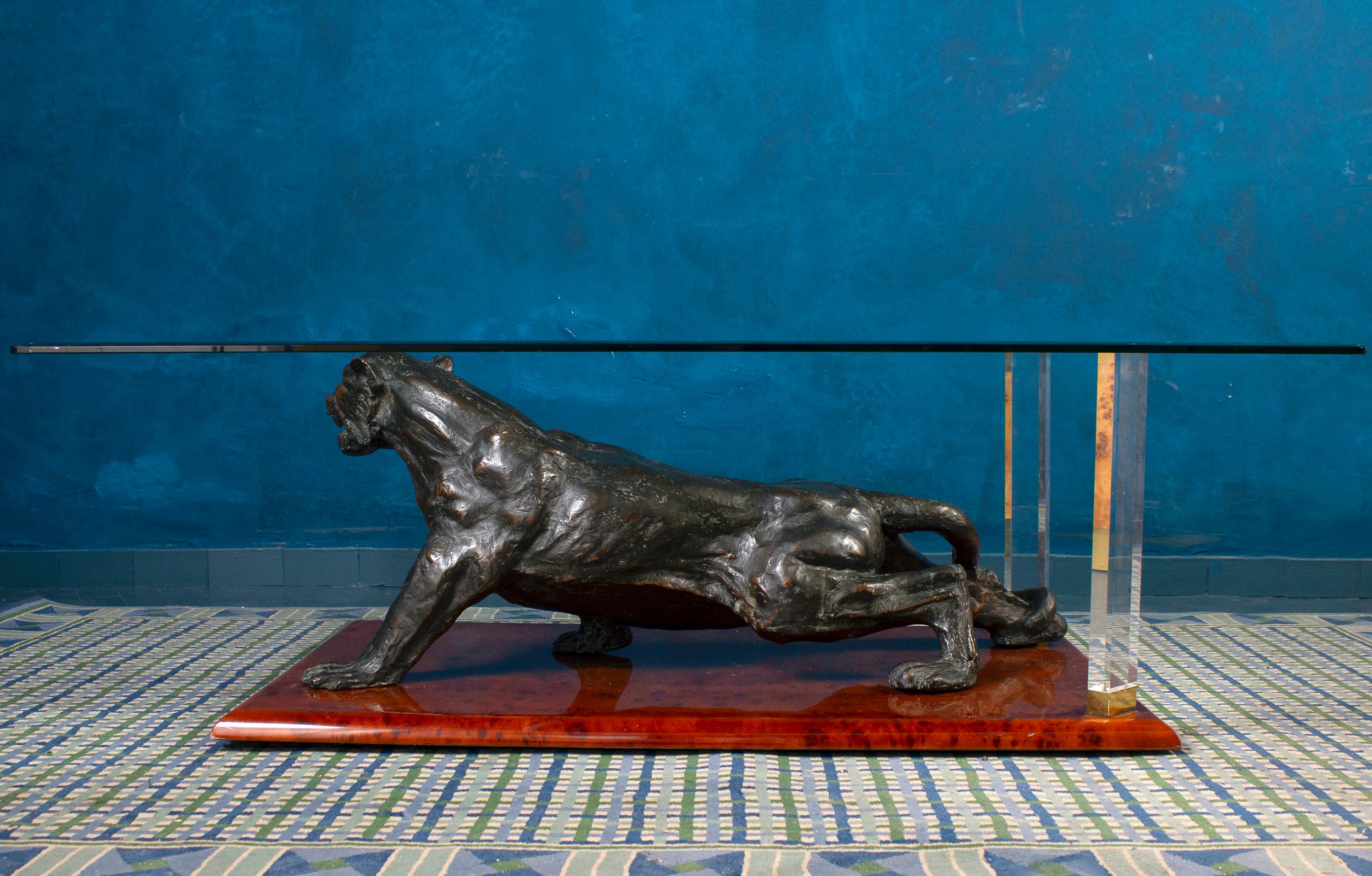 Rare Italian Coffee Table with Sculpture of Panther 1970' 1