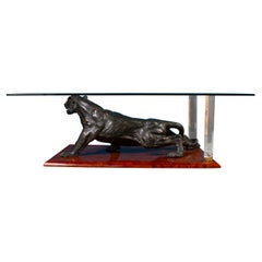 Vintage Rare Italian Coffee Table with Sculpture of Panther 1970'