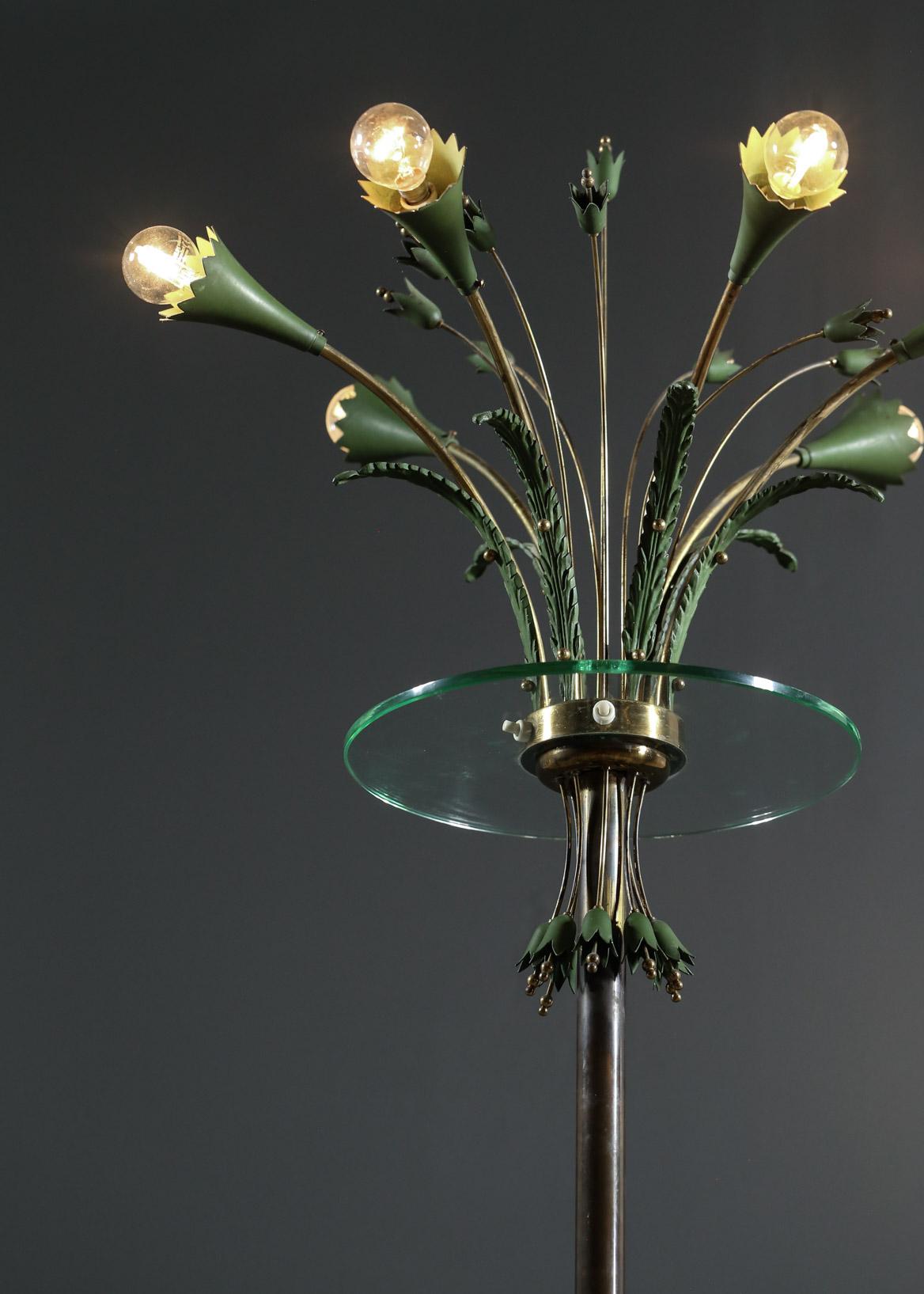 Brass Rare Italian Floor Lamp 1950s in Glass and Floral Decor in Style Fontana Arte For Sale