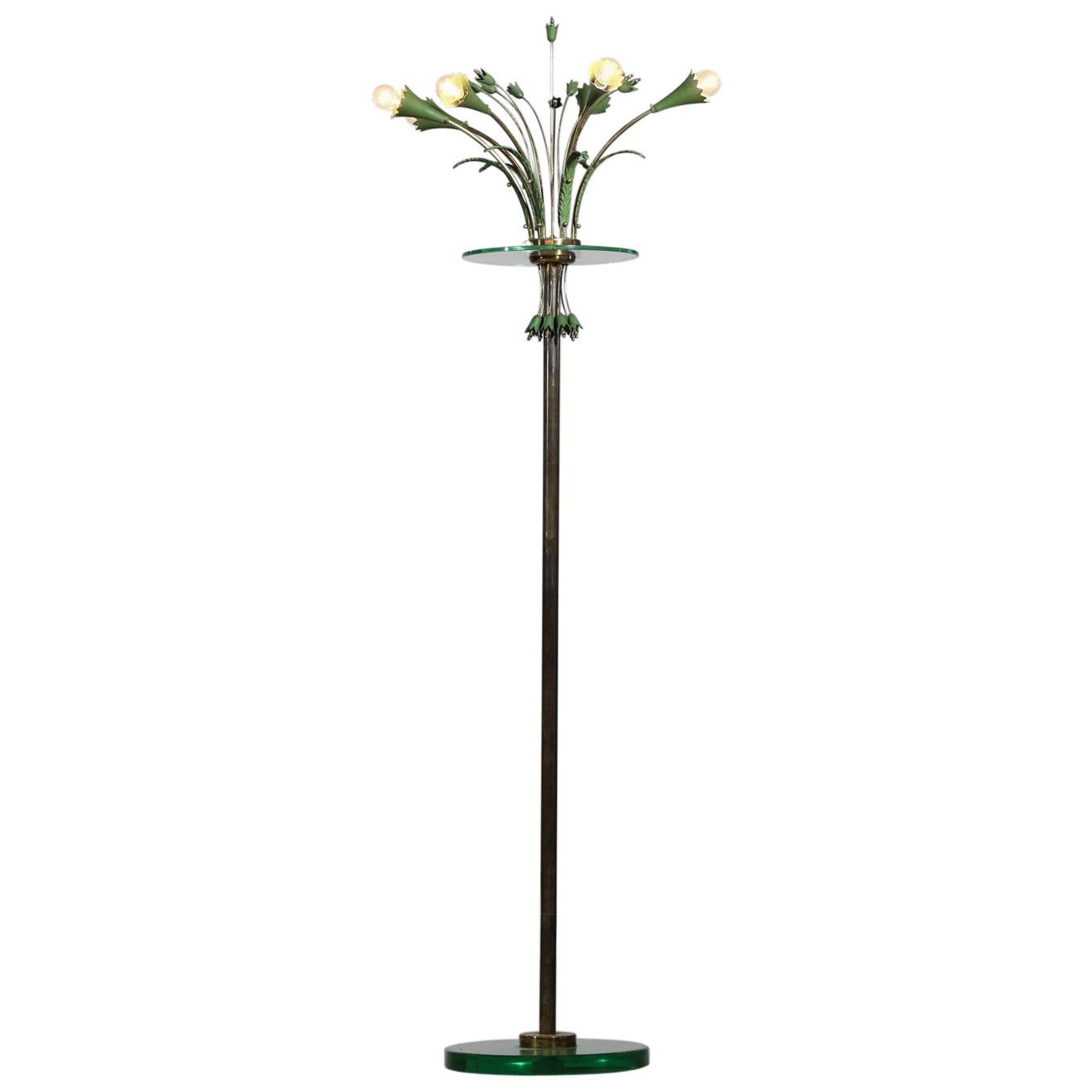 Rare Italian Floor Lamp 1950s in Glass and Floral Decor in Style Fontana Arte