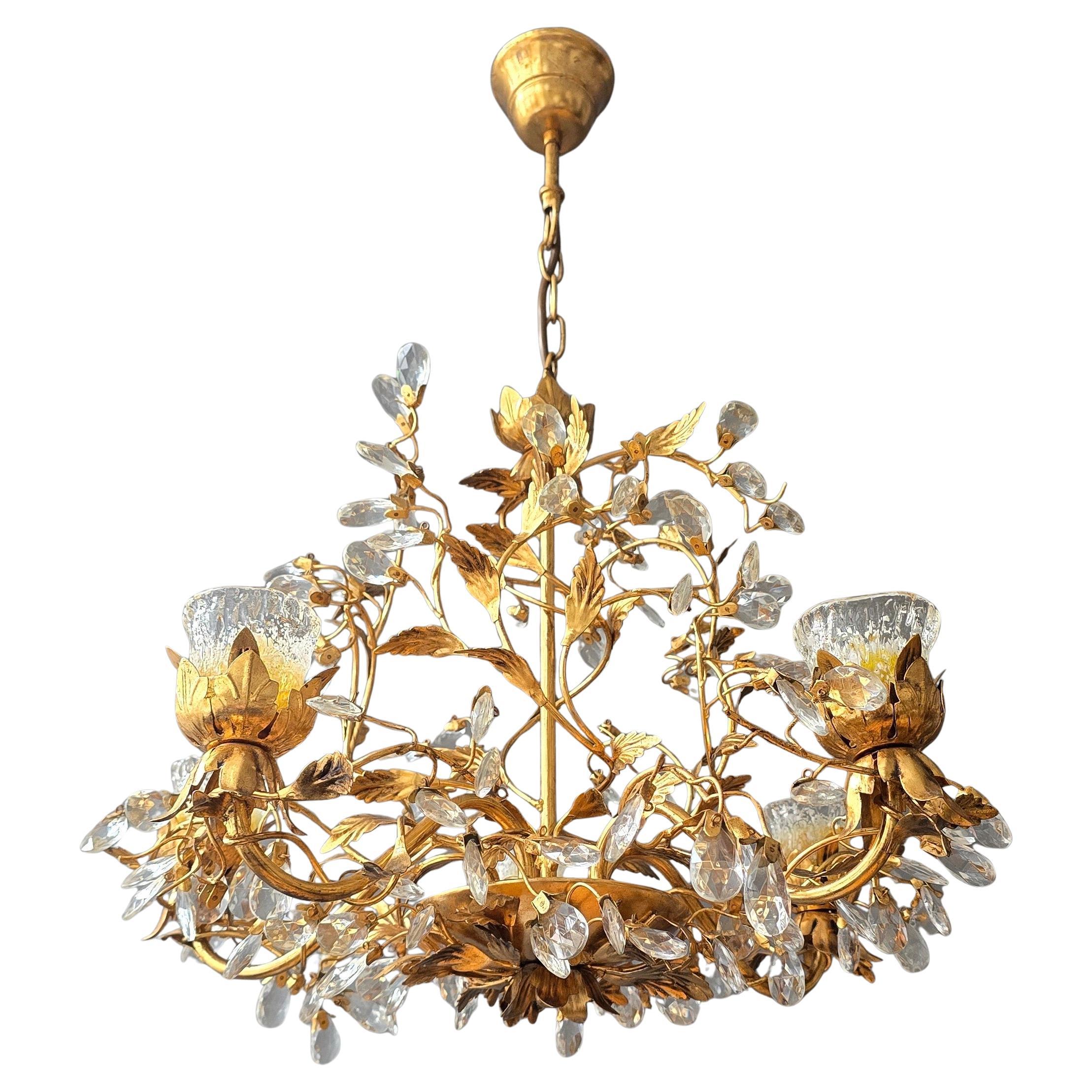 Rare Italian Floral Chandelier with Murano Glass Tulip Shades, circa 1950s