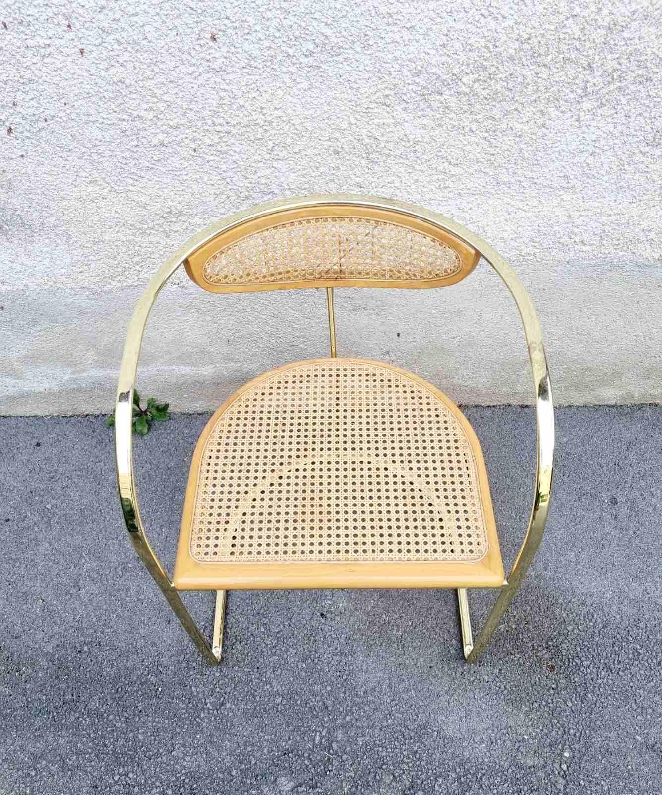 Métal Rare fauteuil italien en métal doré et osier par Zevi, Italie années 80 en vente