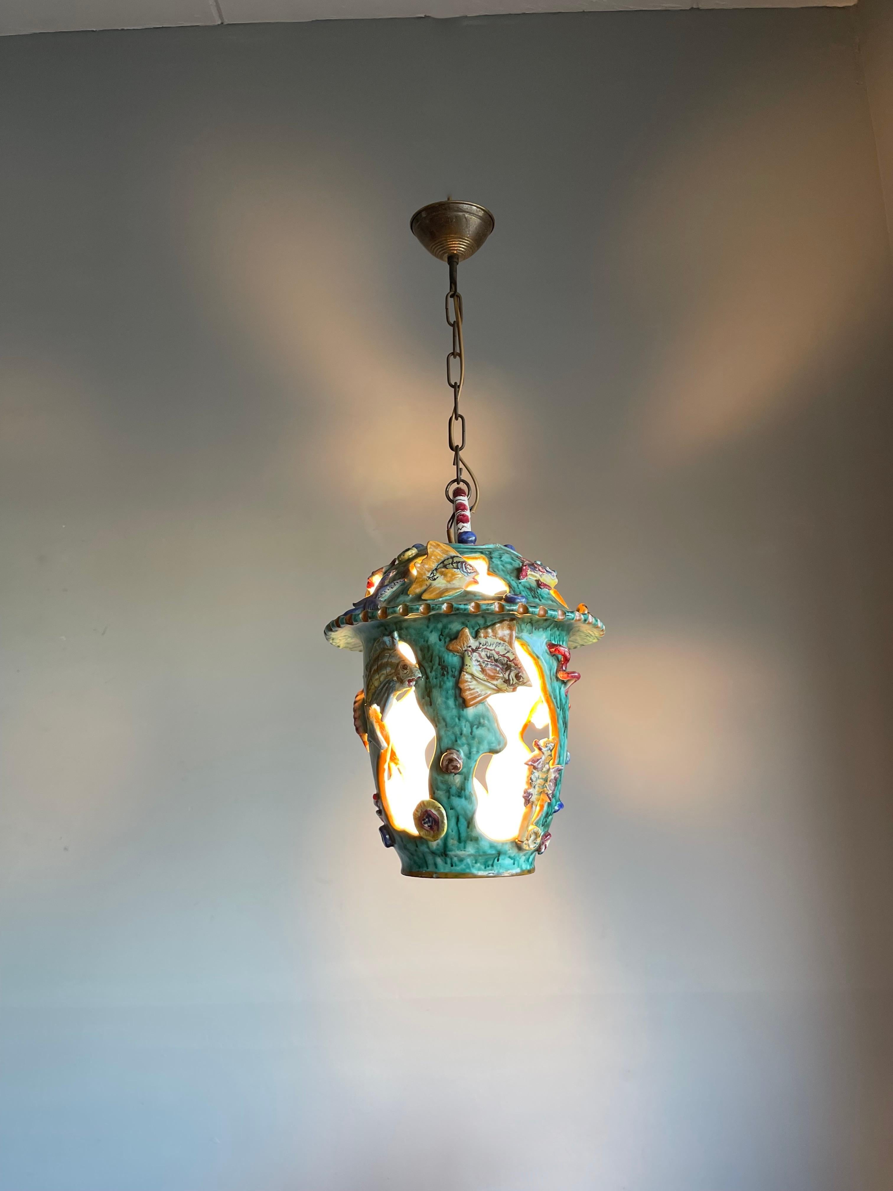 Rare Hand Crafted & Glazed Italian Majolica Pendant w. Ocean Wildlife Sculpture  For Sale 5