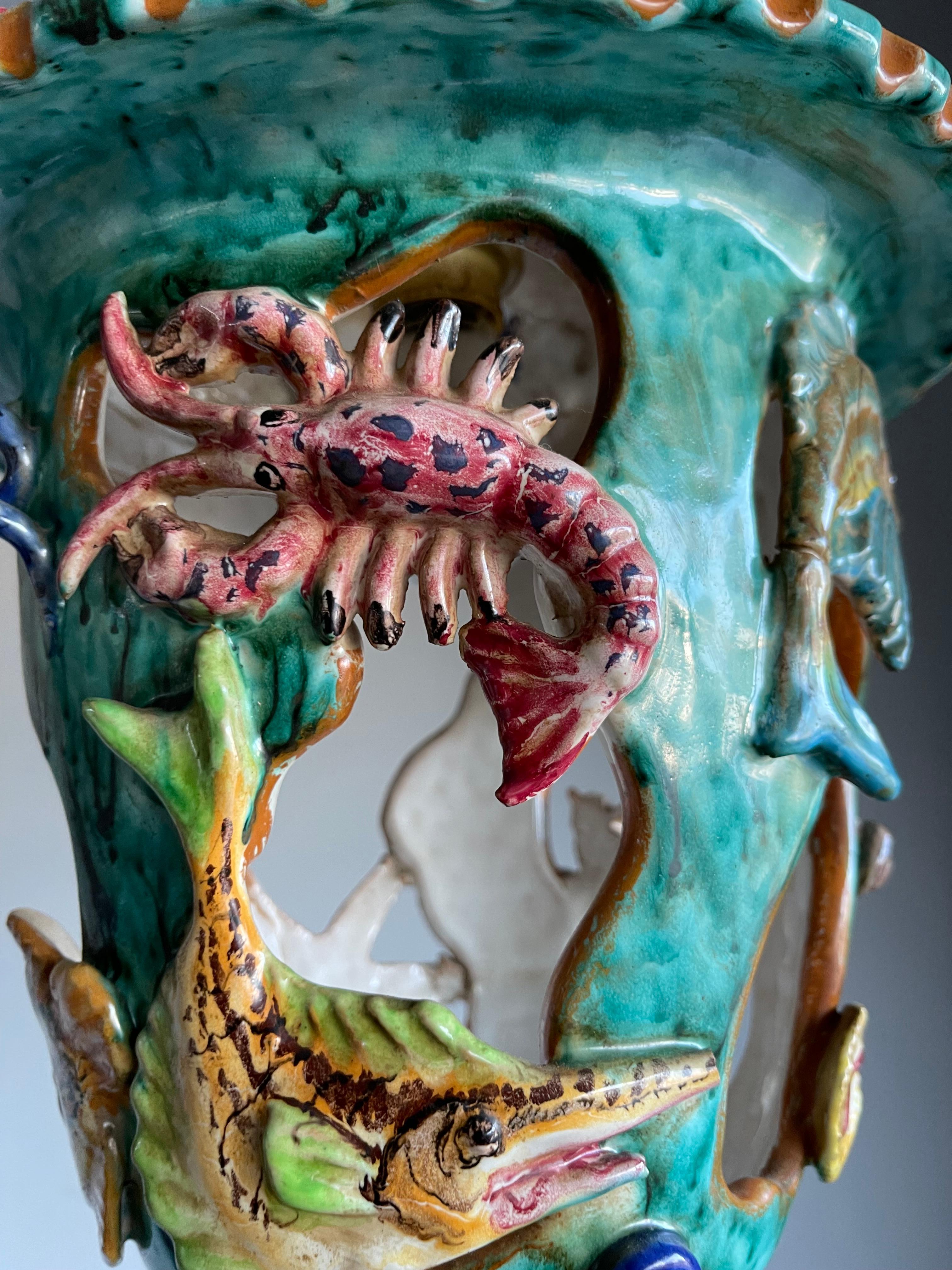Rare Hand Crafted & Glazed Italian Majolica Pendant w. Ocean Wildlife Sculpture  For Sale 7