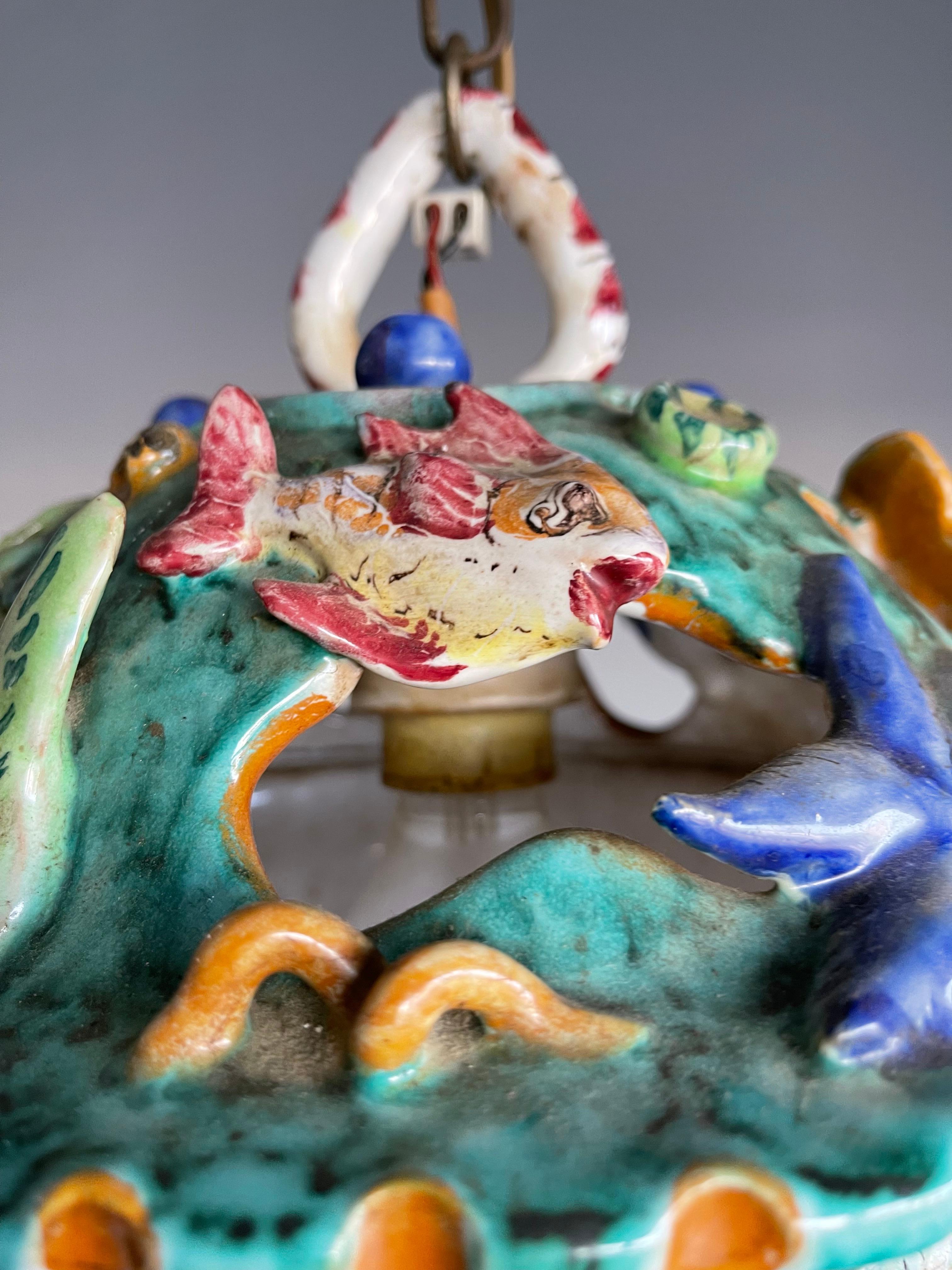 Rare Hand Crafted & Glazed Italian Majolica Pendant w. Ocean Wildlife Sculpture  For Sale 8