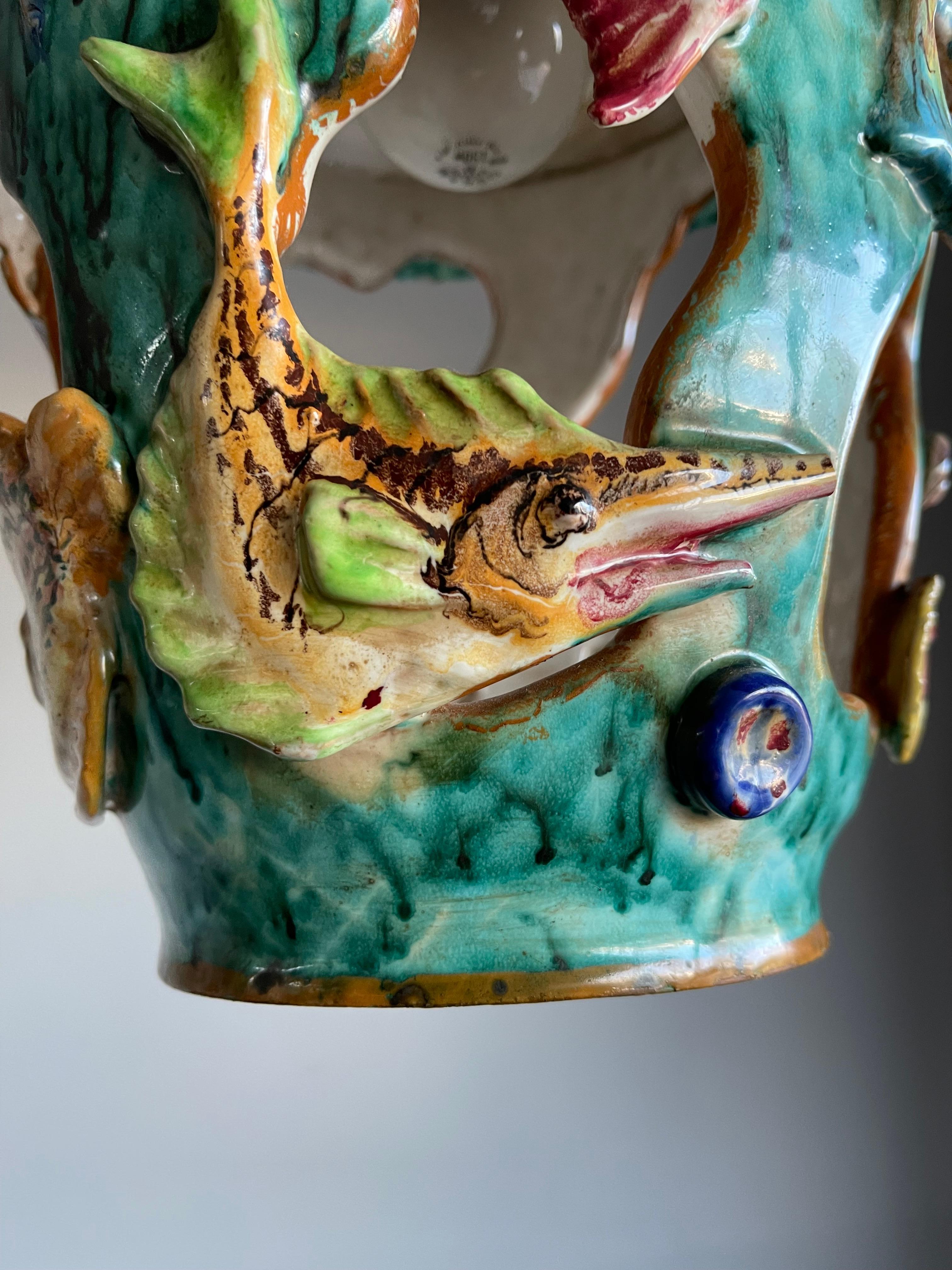 Rare Hand Crafted & Glazed Italian Majolica Pendant w. Ocean Wildlife Sculpture  For Sale 9