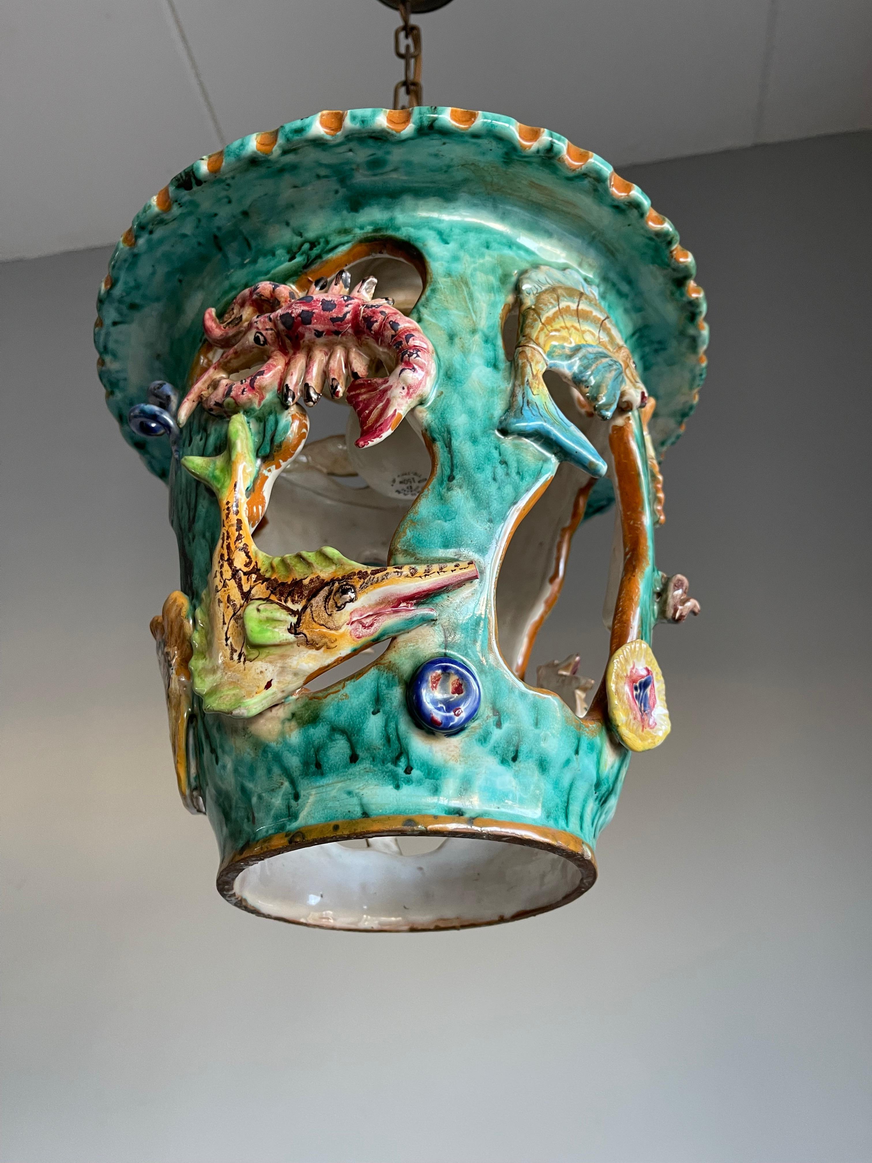 Rare Hand Crafted & Glazed Italian Majolica Pendant w. Ocean Wildlife Sculpture  For Sale 10