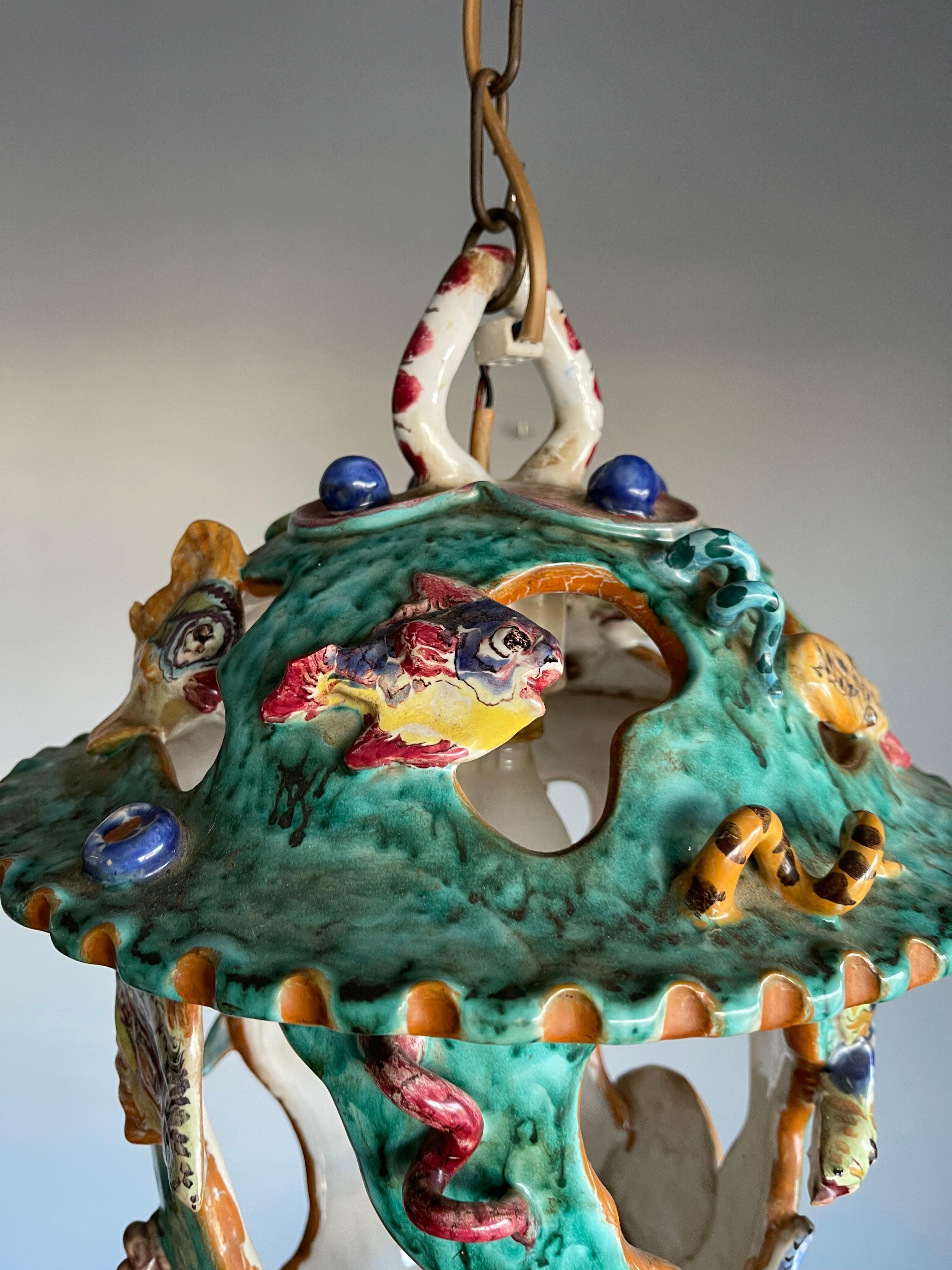 Rare Hand Crafted & Glazed Italian Majolica Pendant w. Ocean Wildlife Sculpture  For Sale 12