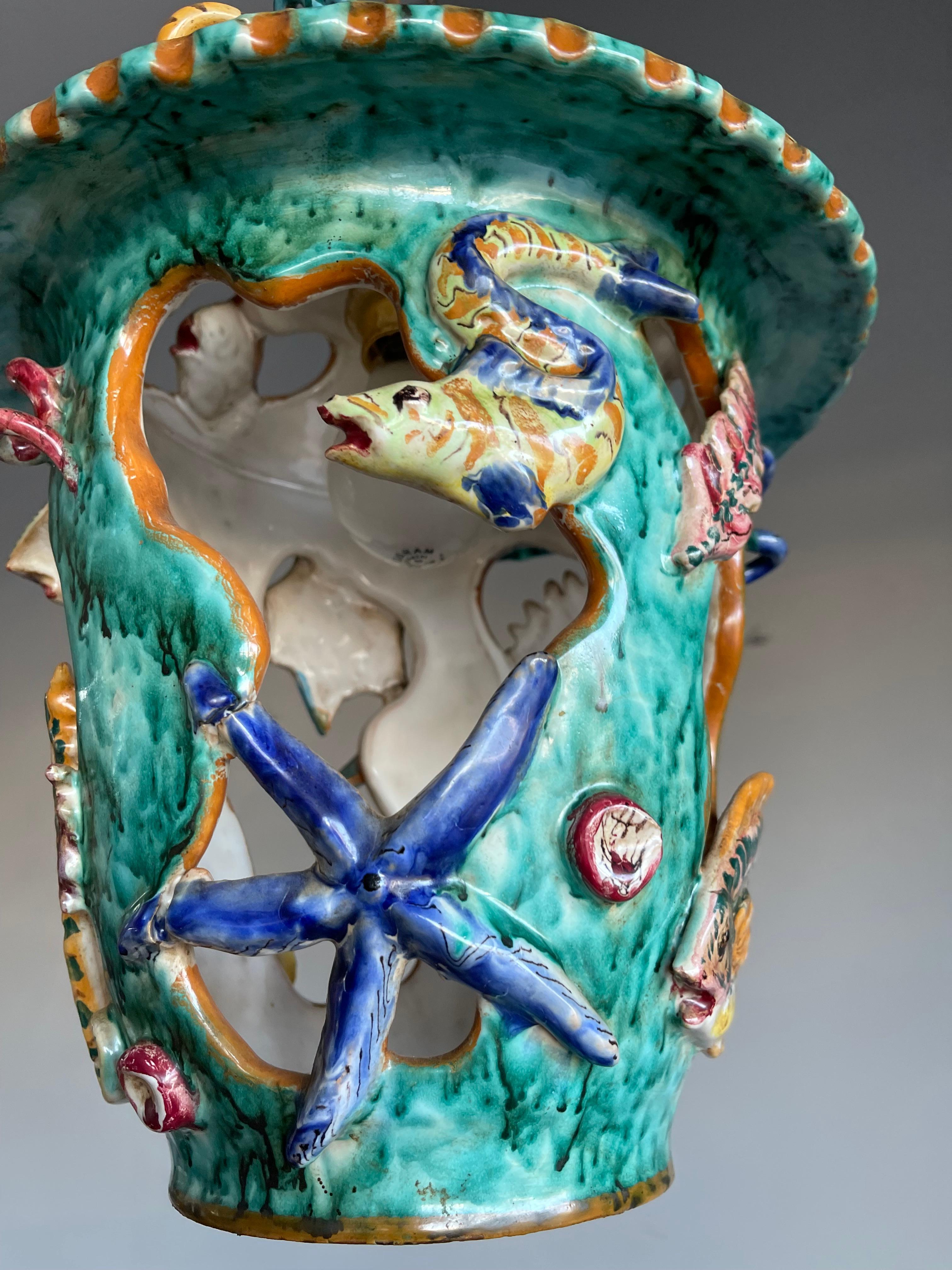 Rare Hand Crafted & Glazed Italian Majolica Pendant w. Ocean Wildlife Sculpture  For Sale 13