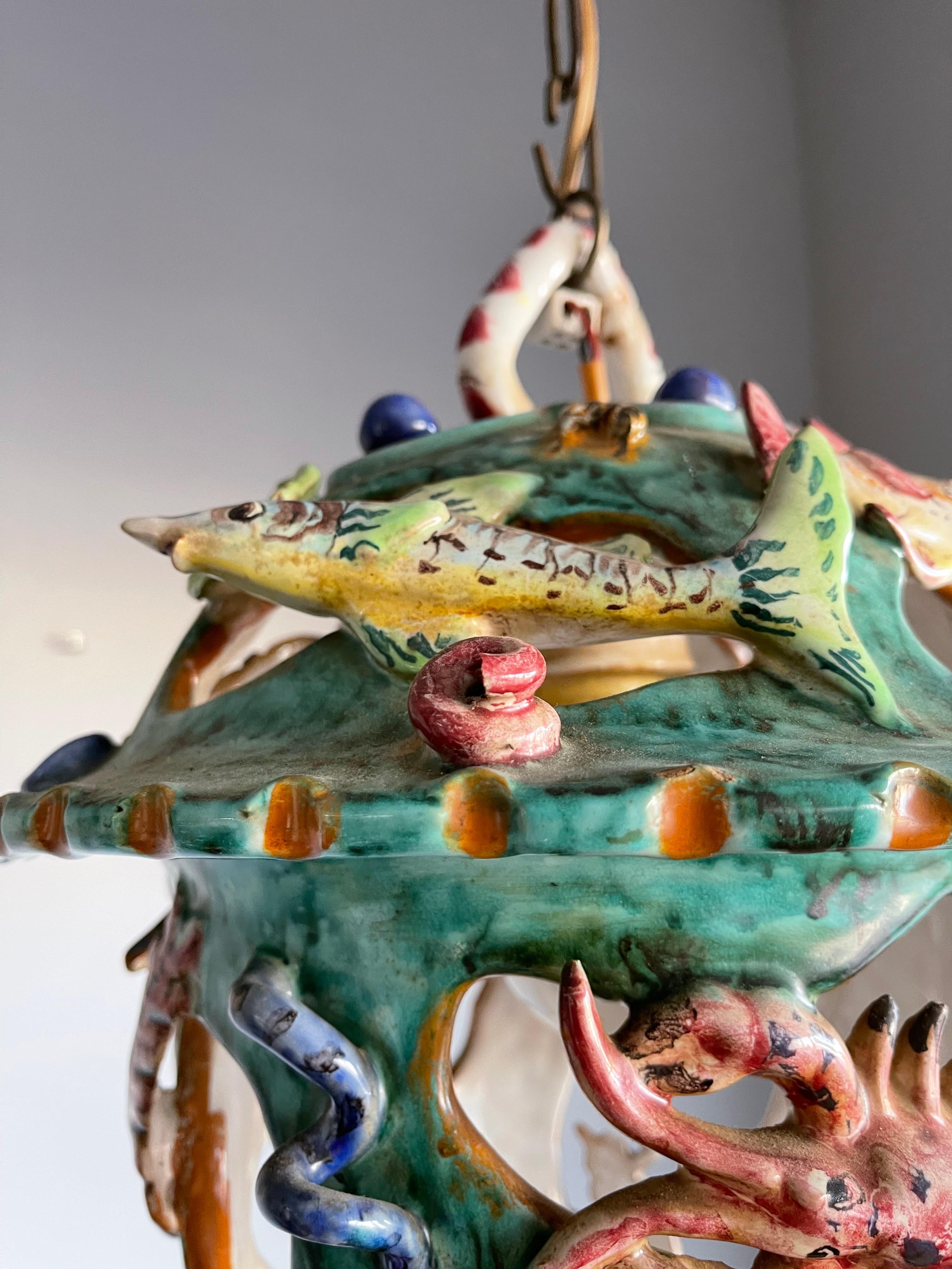 Rare Hand Crafted & Glazed Italian Majolica Pendant w. Ocean Wildlife Sculpture  For Sale 14