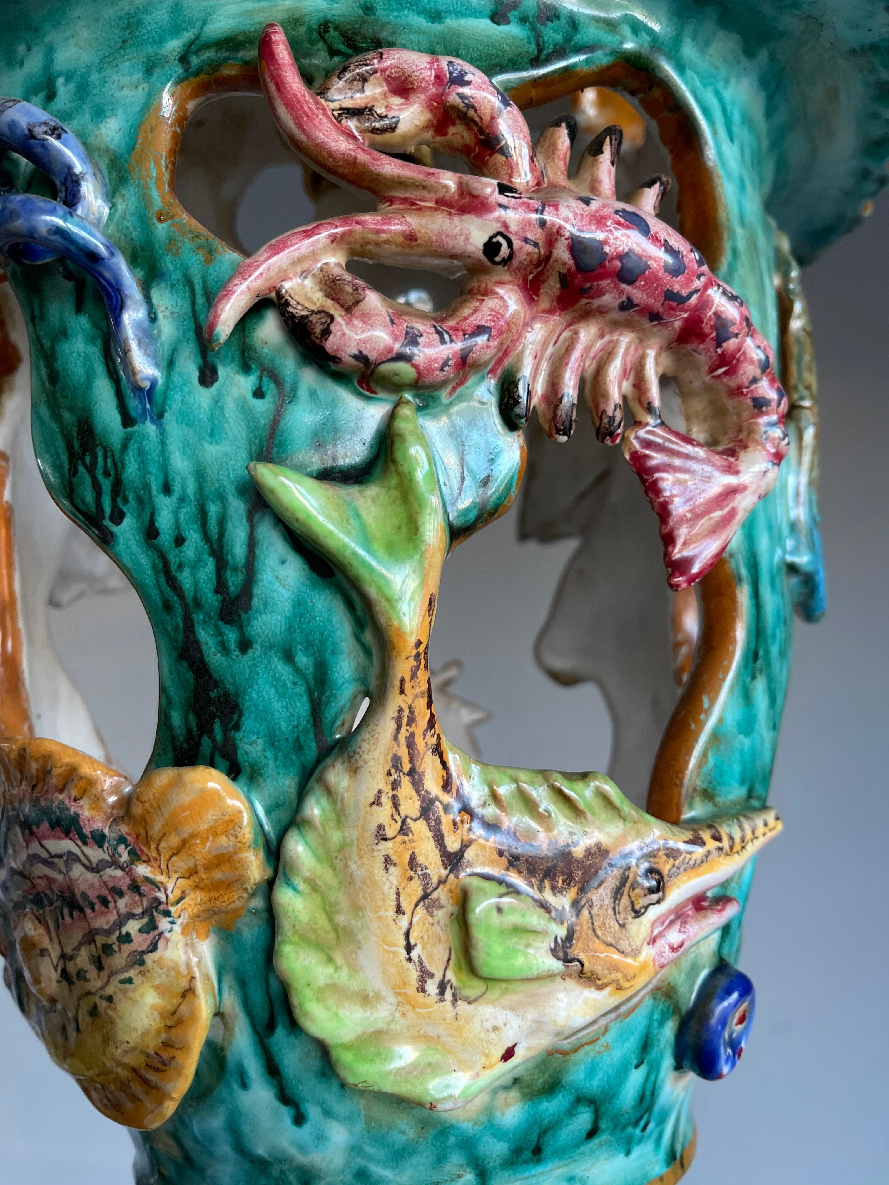 Mid-Century Modern Rare Hand Crafted & Glazed Italian Majolica Pendant w. Ocean Wildlife Sculpture  For Sale