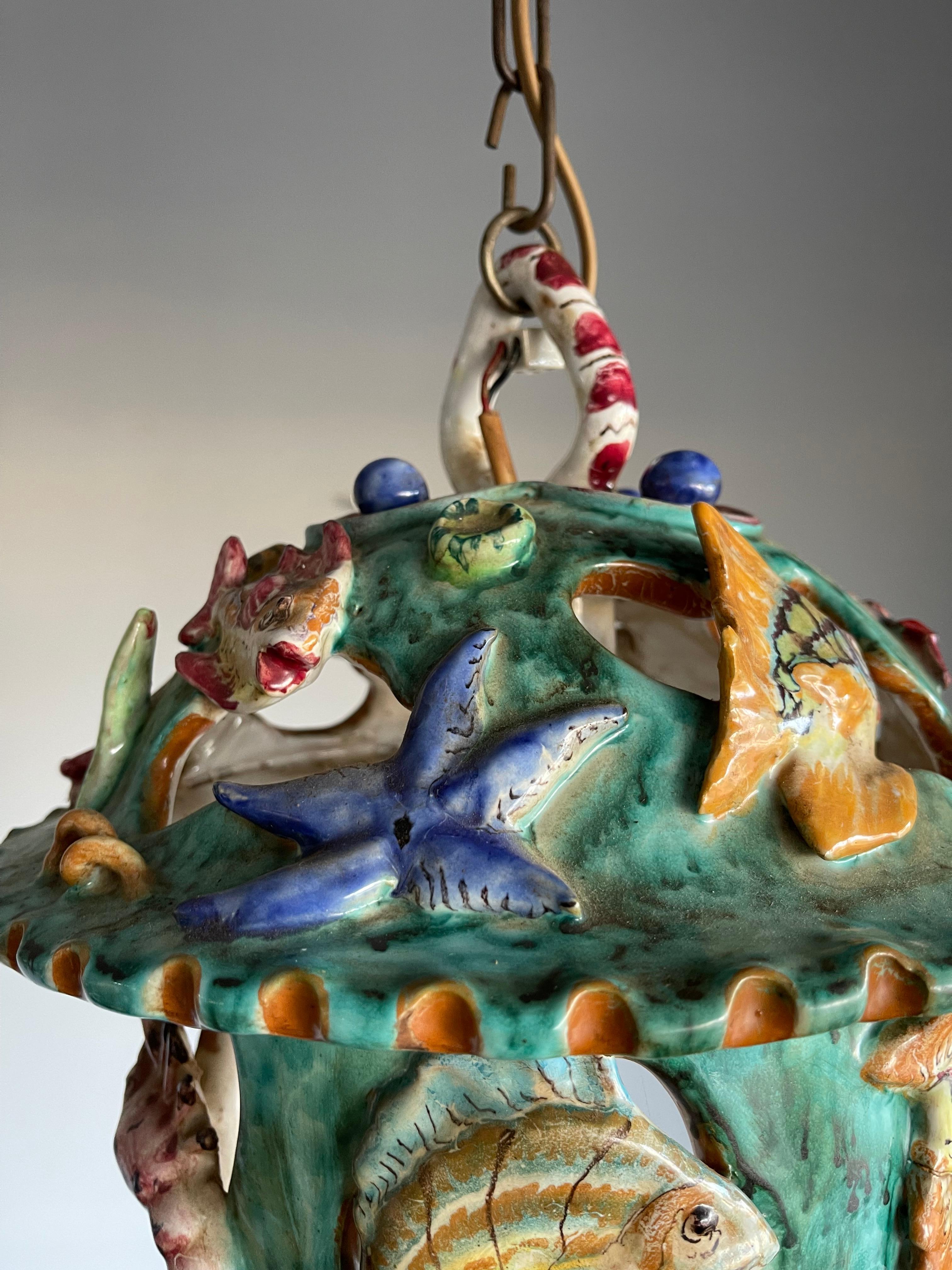 20th Century Rare Hand Crafted & Glazed Italian Majolica Pendant w. Ocean Wildlife Sculpture  For Sale