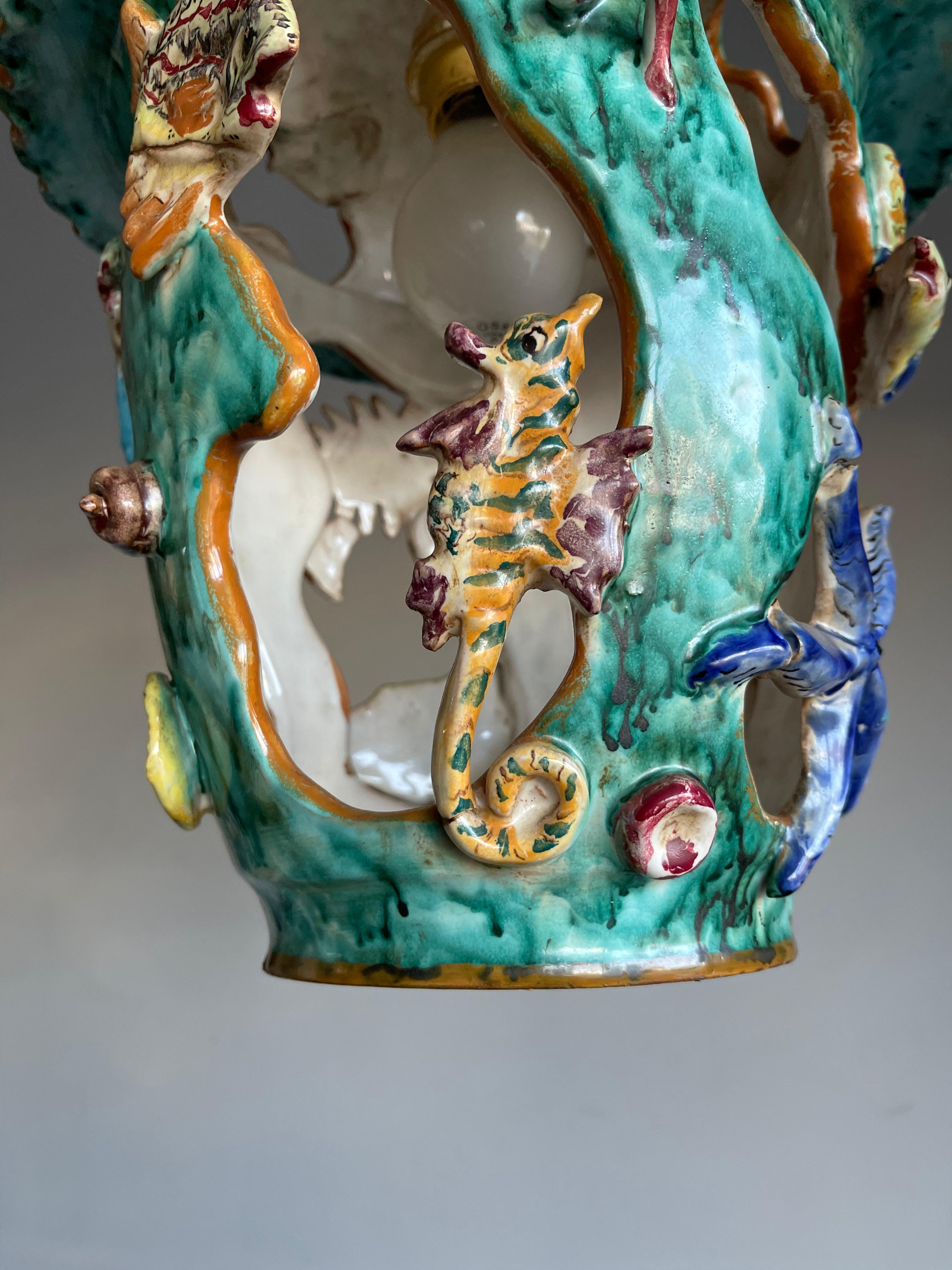 Brass Rare Hand Crafted & Glazed Italian Majolica Pendant w. Ocean Wildlife Sculpture  For Sale