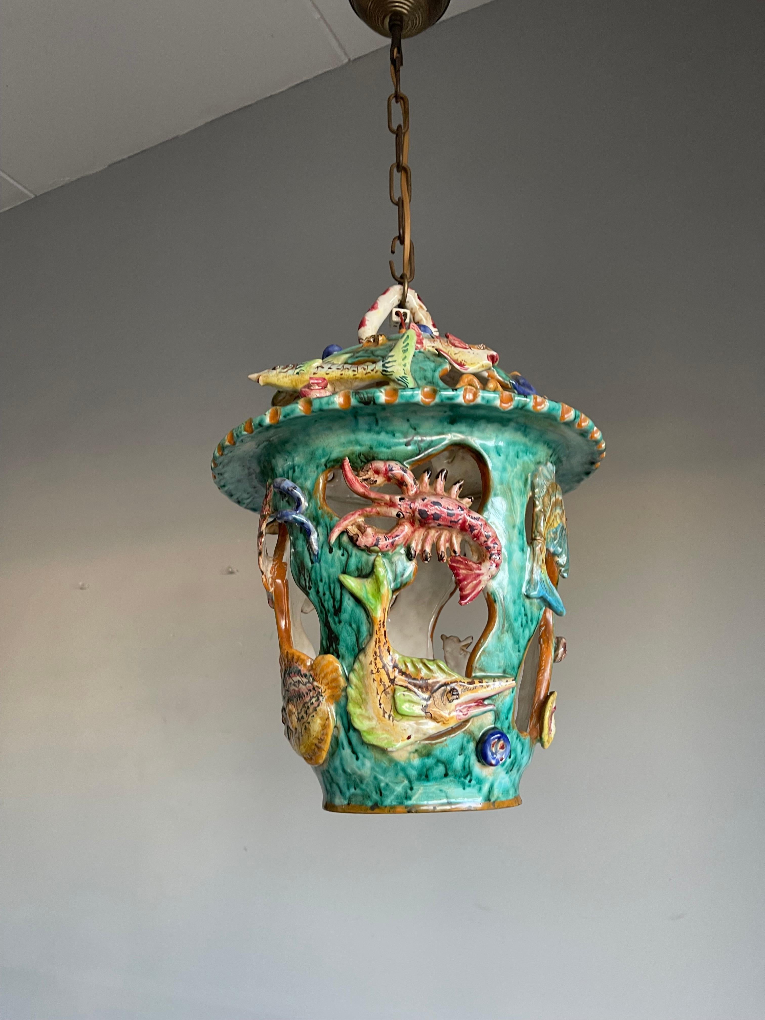 Rare Hand Crafted & Glazed Italian Majolica Pendant w. Ocean Wildlife Sculpture  For Sale 3