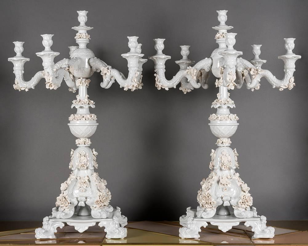 Rare Italian handcrafted white porcelain candlesticks, hand applications of precious white porcelain flowers, six candleholders.