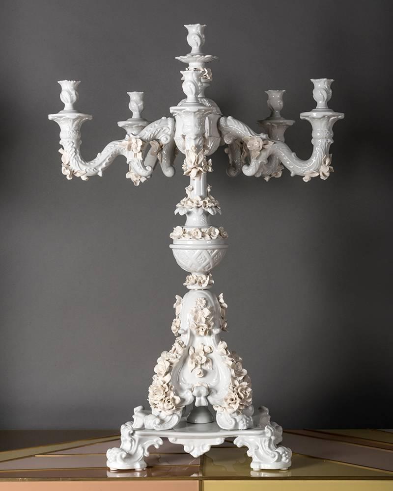 Handcrafted White Porcelain Neoclassical Italian Candlesticks, 1950s In Excellent Condition In Florence, IT