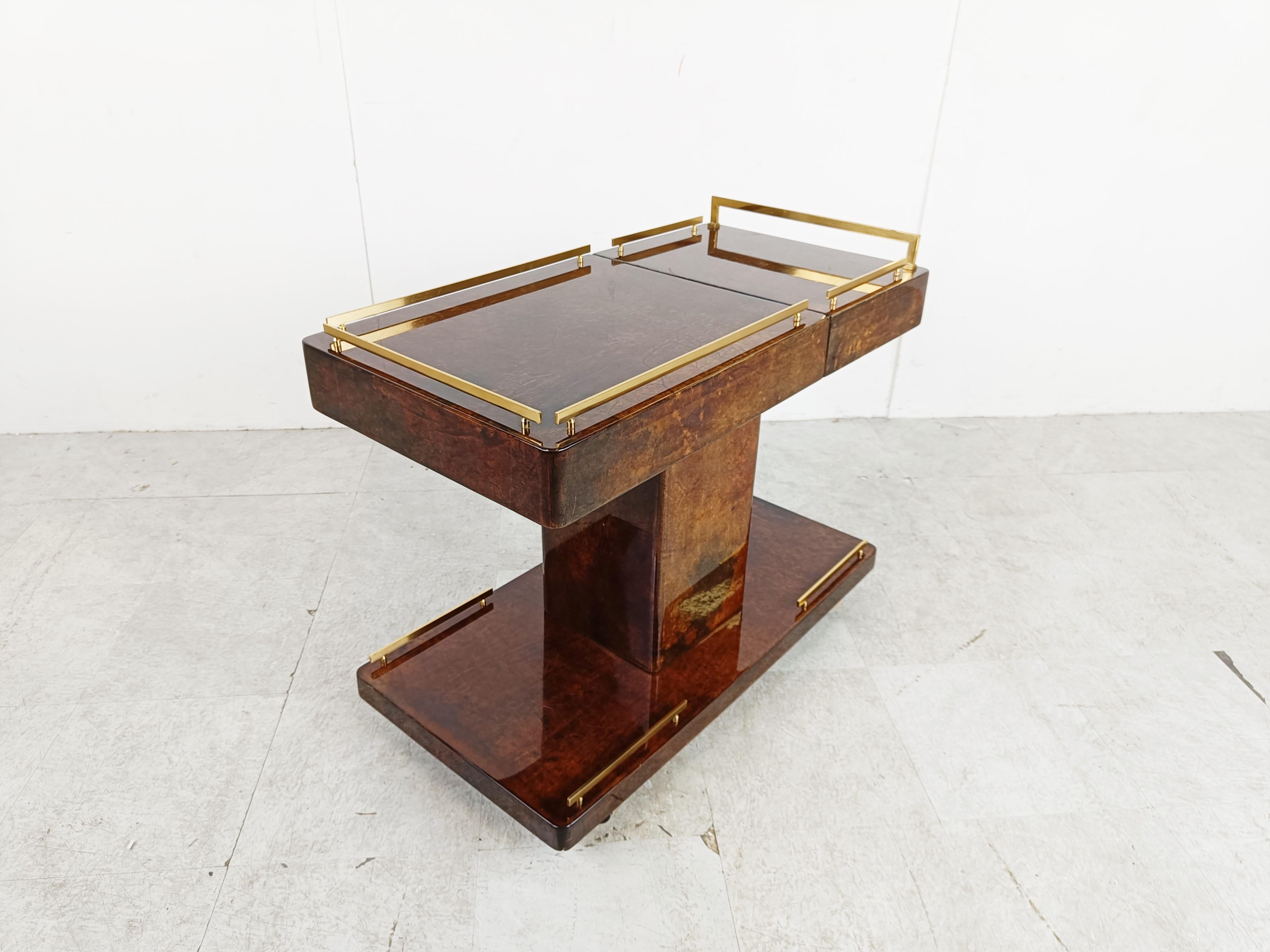 Mid-20th Century Rare Italian Lacquered Goatskin / Parchment Serving Bar Cart by Aldo Tura, 1960s
