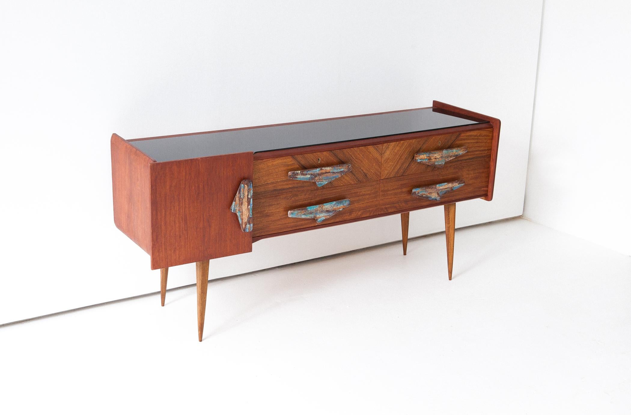 Mid-Century Modern Rare Italian Mahogany and Teak Sideboard with Chest of Drawers, 1950s