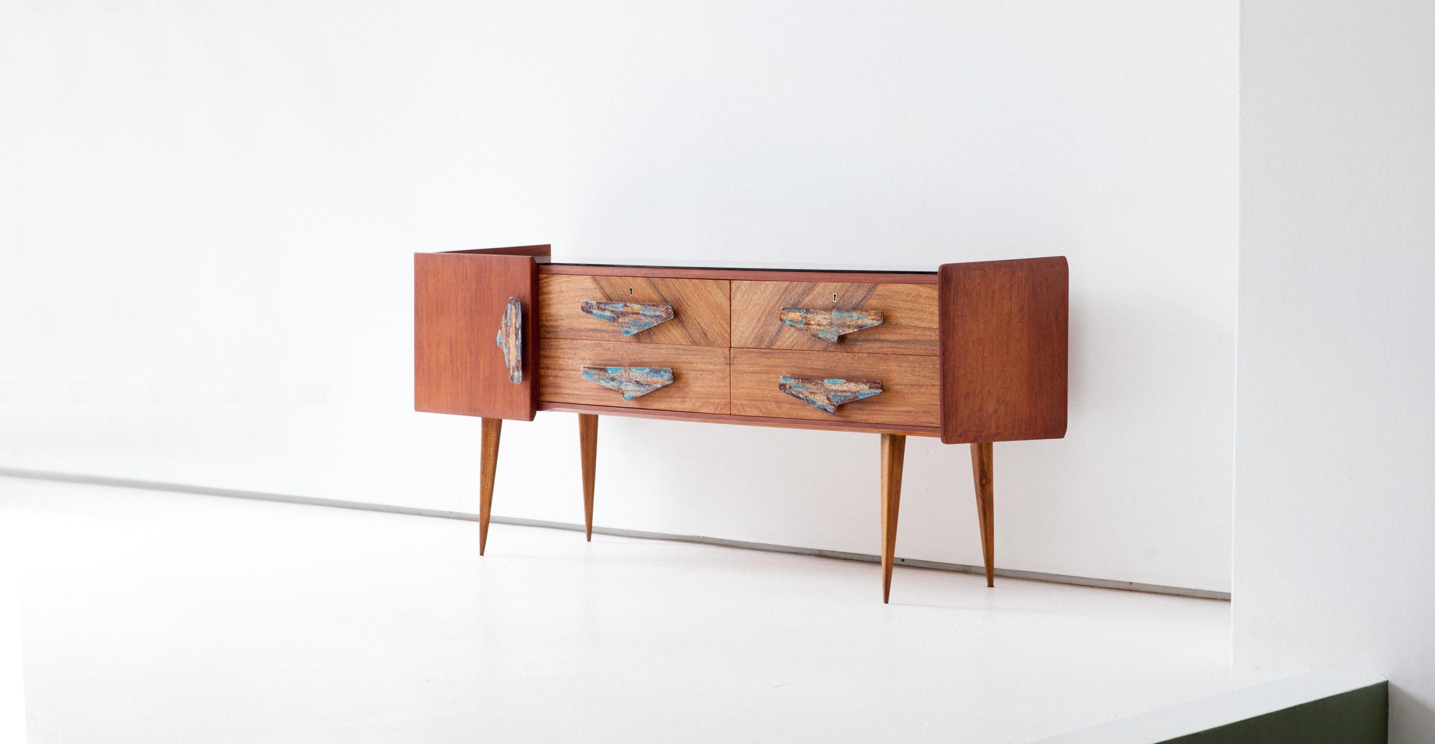 Rare Italian Mahogany and Teak Sideboard with Chest of Drawers, 1950s In Good Condition In Rome, IT