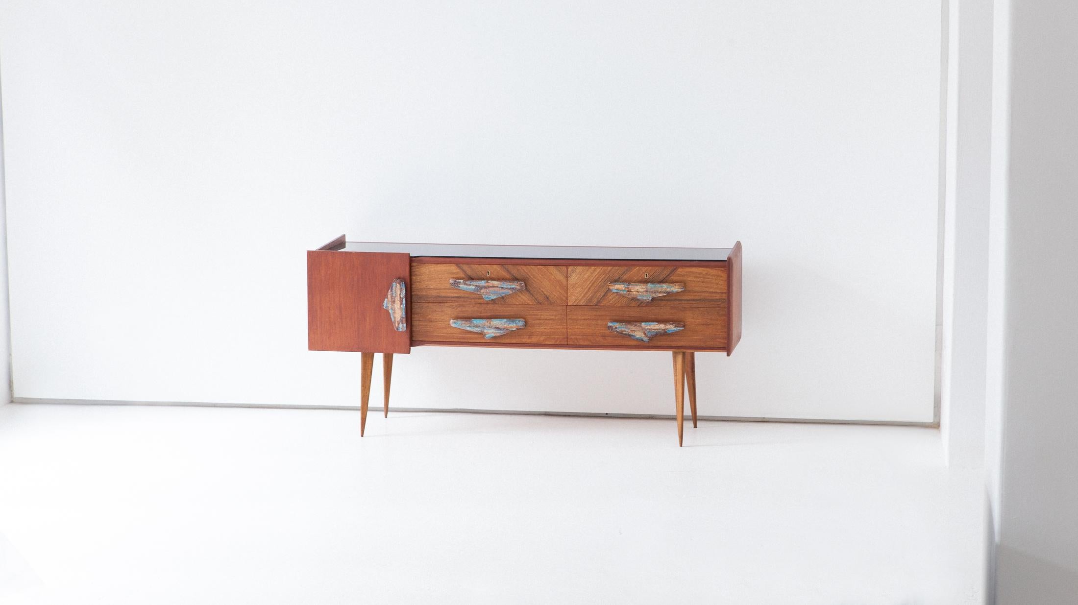 Glass Rare Italian Mahogany and Teak Sideboard with Chest of Drawers, 1950s