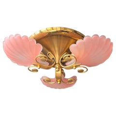 Rare Italian Mid-Century Ceiling Light with Pink Shell Glass Shades and Gilt