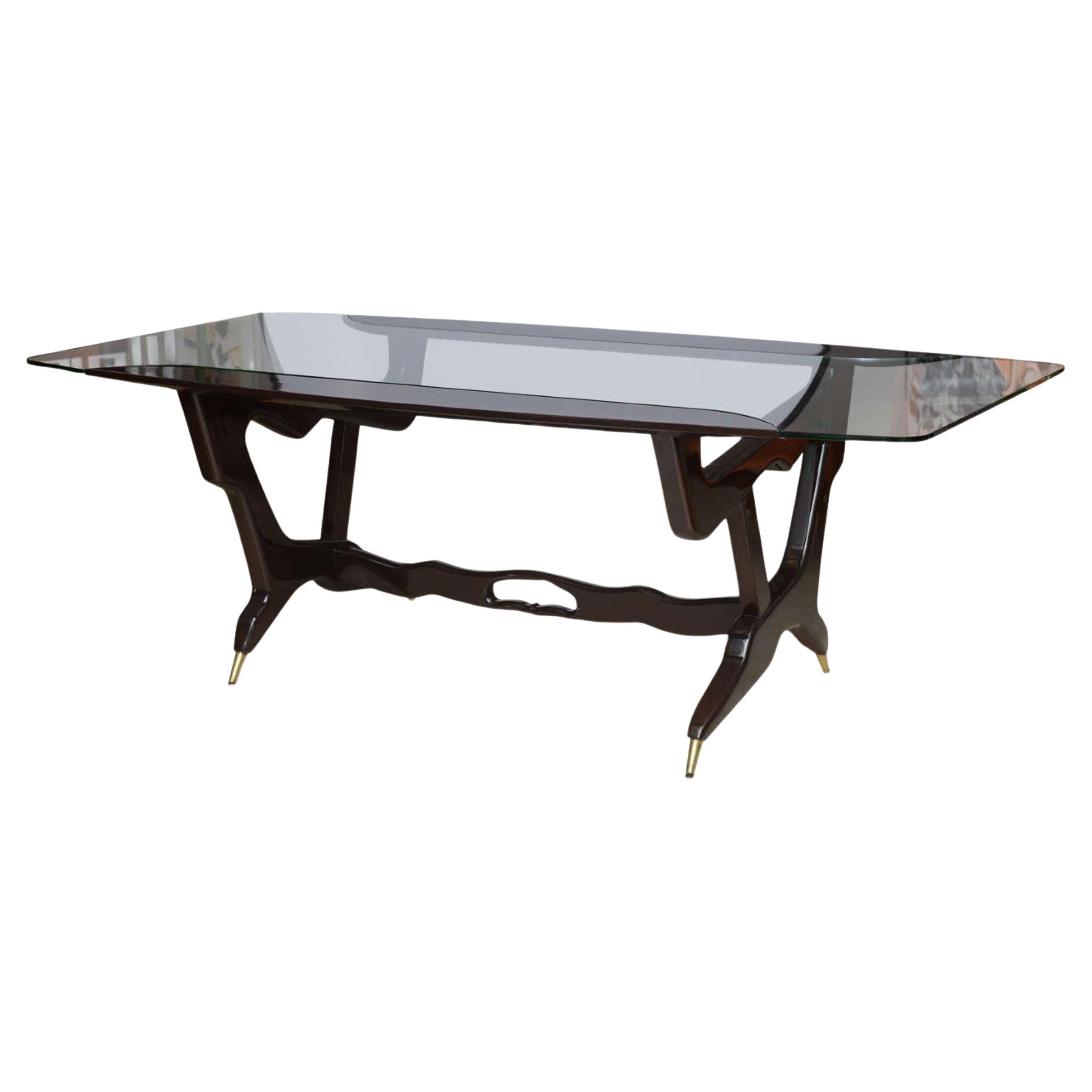 Rare Italian Modern Dark Walnut and Brass Writing/Centre Table, Gian Casè For Sale