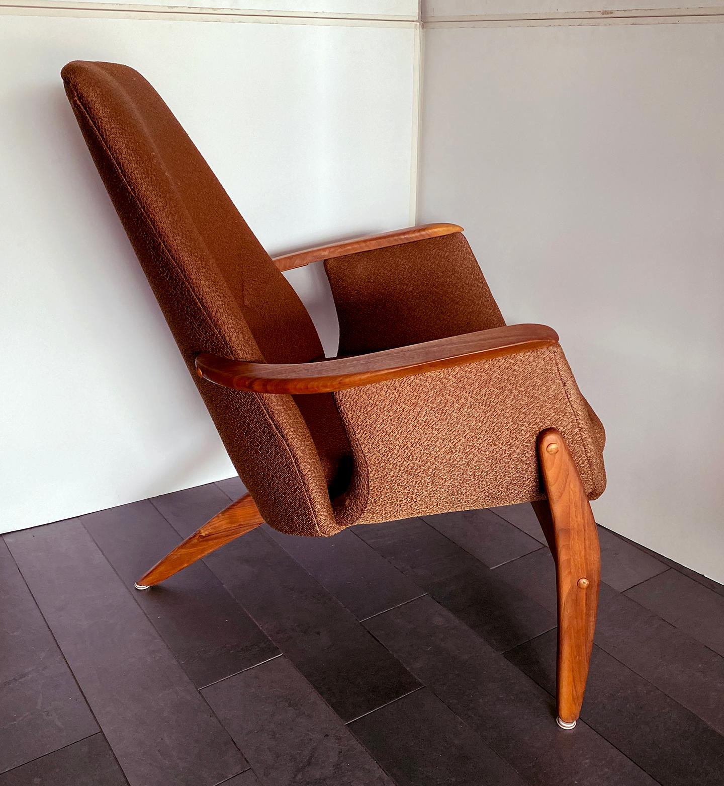 Upholstery Rare Italian Modern Walnut 3-Leg Lounge Chair, Luigi Tiengo for Cimon