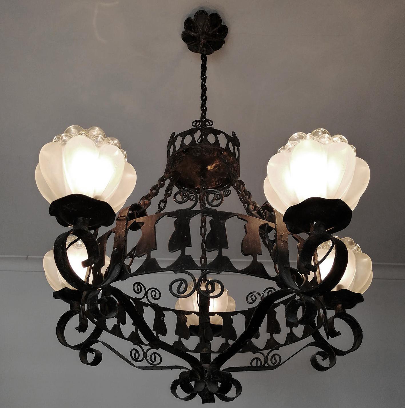 Rare Italian Murano Bubble Art Glass Hand Forged Wrought Iron Hanging Chandelier For Sale 3