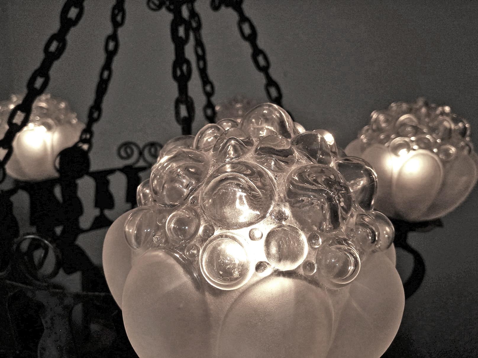 Rare Italian Murano Bubble Art Glass Hand Forged Wrought Iron Hanging Chandelier For Sale 4