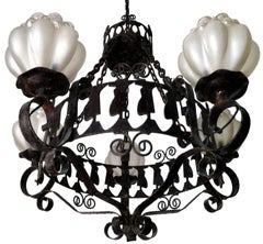Rare Italian Murano Bubble Art Glass Hand Forged Wrought Iron Hanging Chandelier