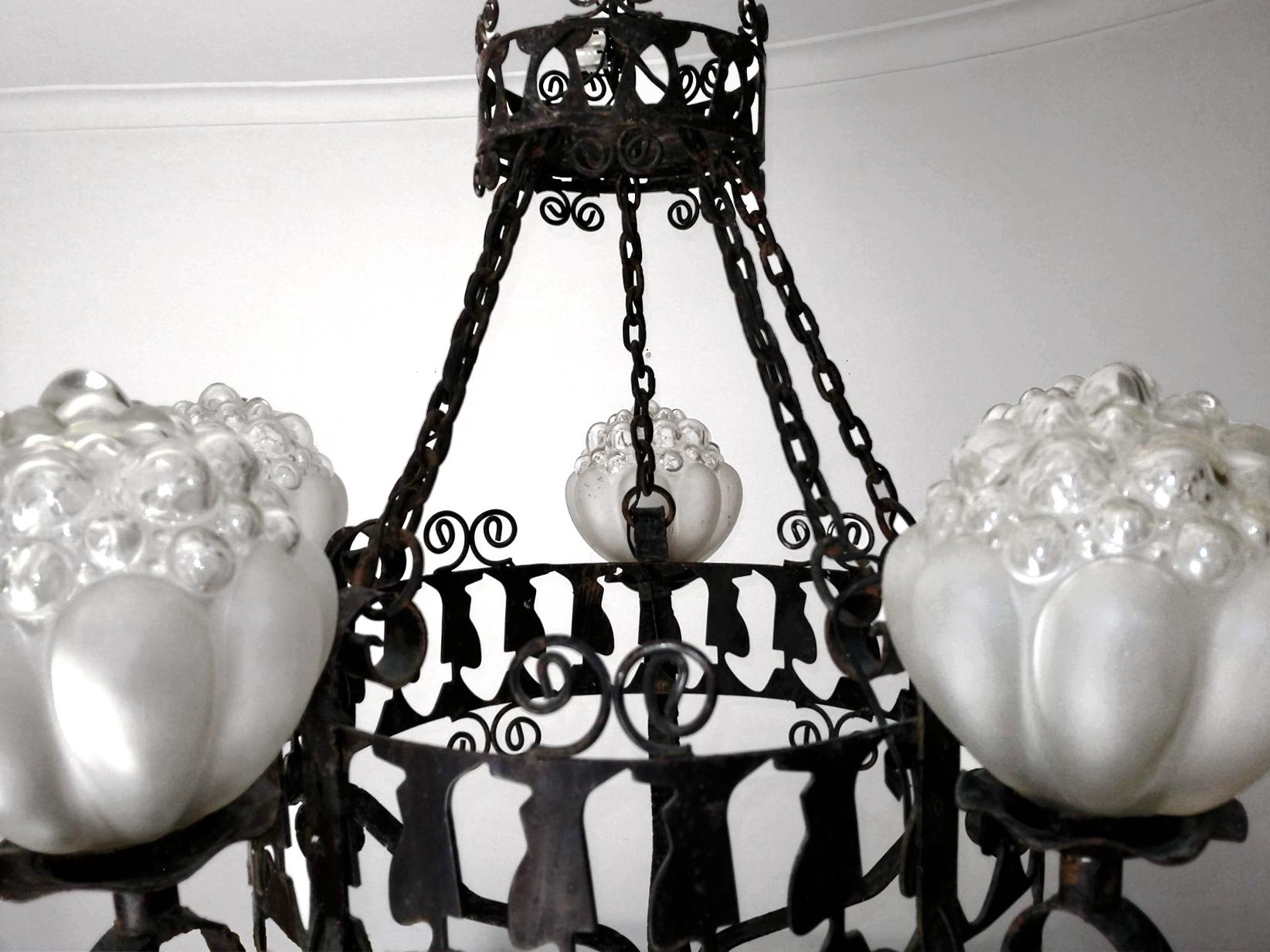 20th Century Rare Italian Murano Bubble Art Glass Hand Forged Wrought Iron Hanging Chandelier For Sale
