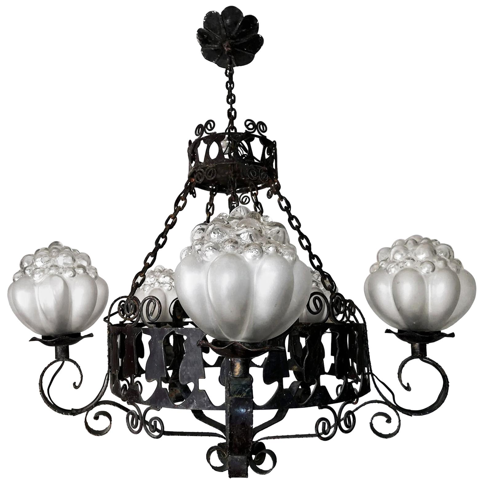 Rare Italian Murano Bubble Art Glass Hand Forged Wrought Iron Hanging Chandelier For Sale