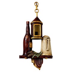 Rare Italian Murano Glass Beer Lantern Wall Light, Hand Carved Wood NOS
