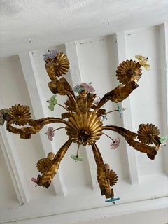 Rare Italian Murano Multi-Color Pastel Flowers Gilt Tole Chandelier, circa 1950