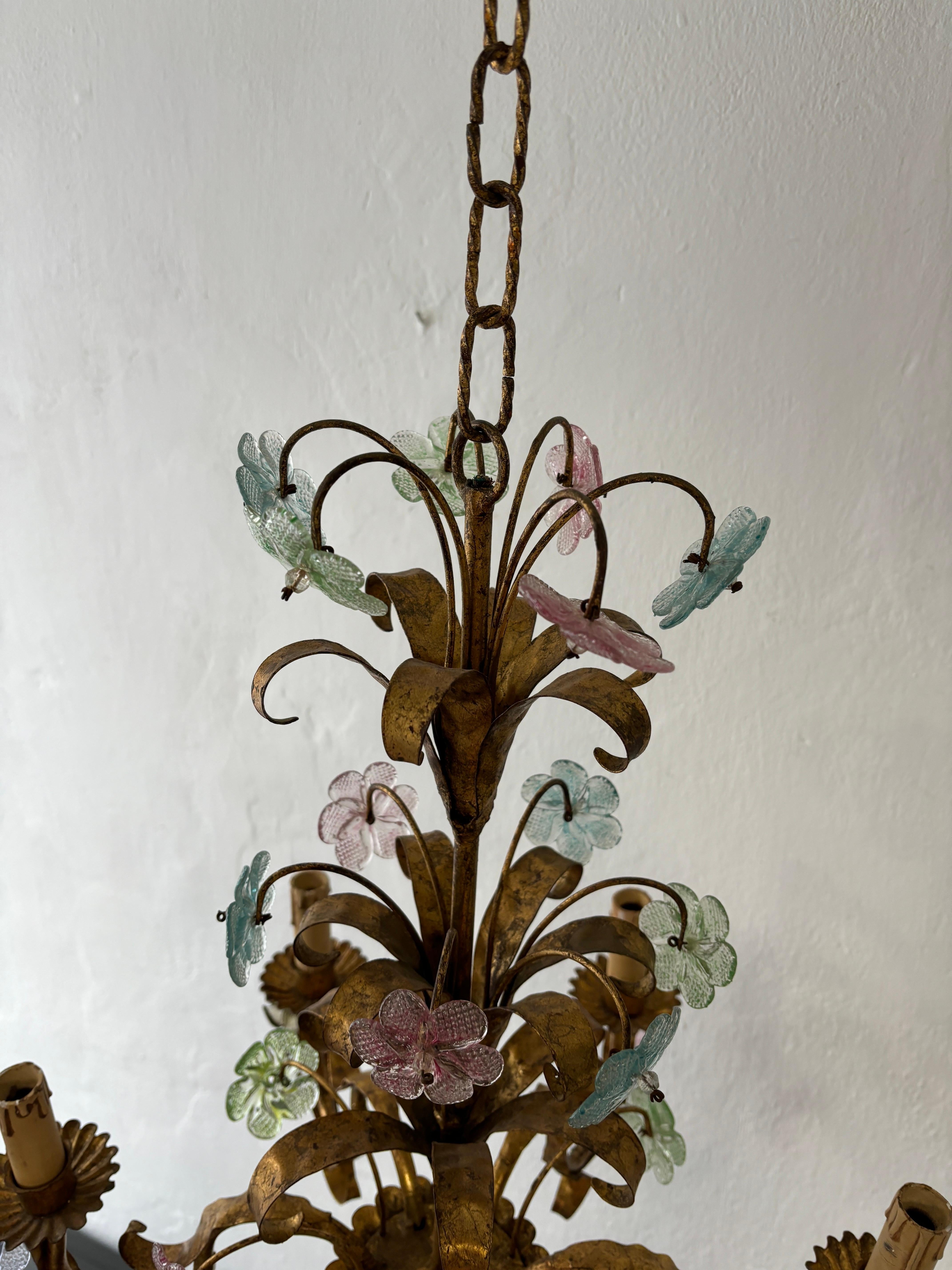 Rare Italian Murano Multi-Color Pastel Flowers Gilt Tole Chandelier, circa 1950 For Sale 2