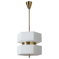 Rare Italian Pendant, 1950s, Hexagonal Satin Glass and Brass