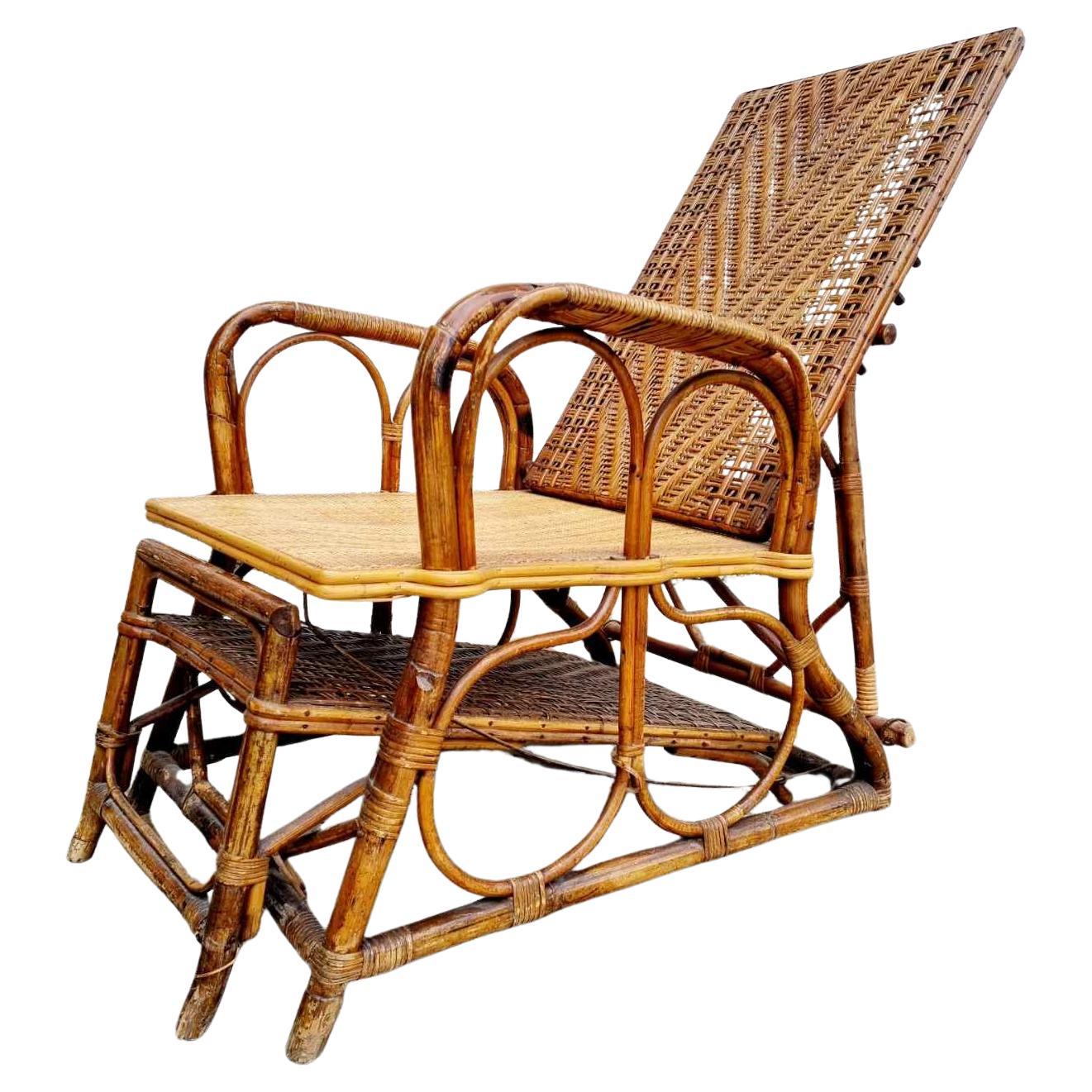 Rara Chaise Longues italiana de ratán y mimbre de Bonacina, Italia años 30