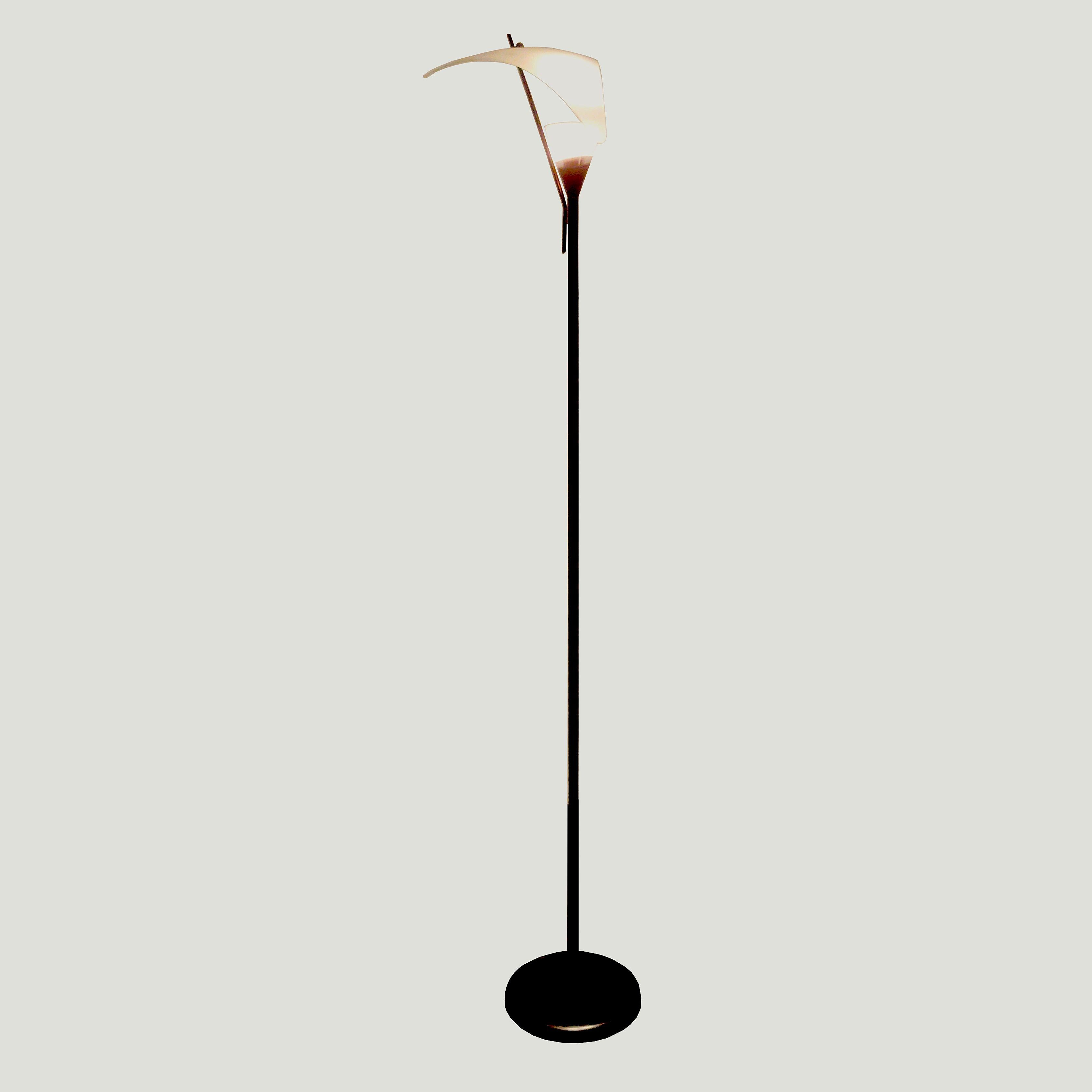Rare Italian floating reflecting glass floor lamp, 1970s. The opaline glass shade gives the impression that it's floating above the uplighting light of the floor lamp. Uplight and covering shade are made of opaline glass stem and base are made of