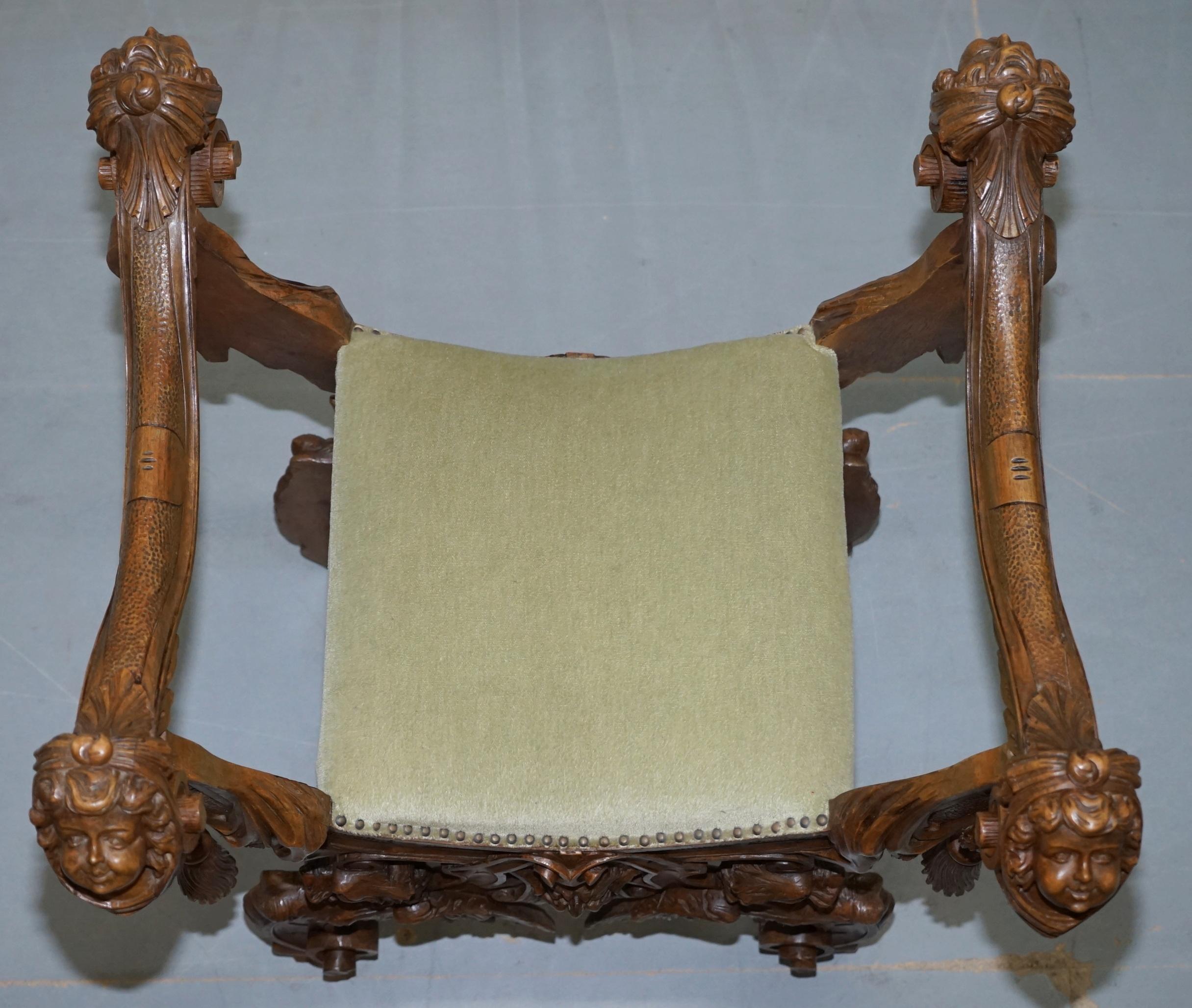 Rare Italian Renaissance Hand Carved Walnut Chair / Bench Seat Cherubs Dragons 7