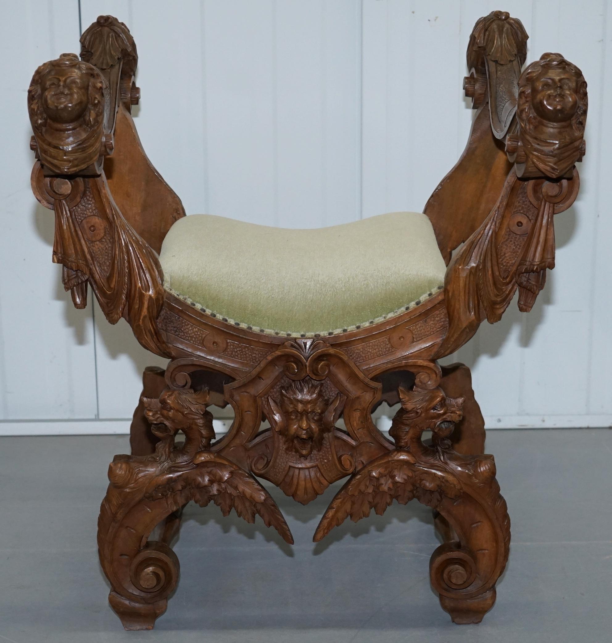 Rare Italian Renaissance Hand Carved Walnut Chair / Bench Seat Cherubs Dragons 10