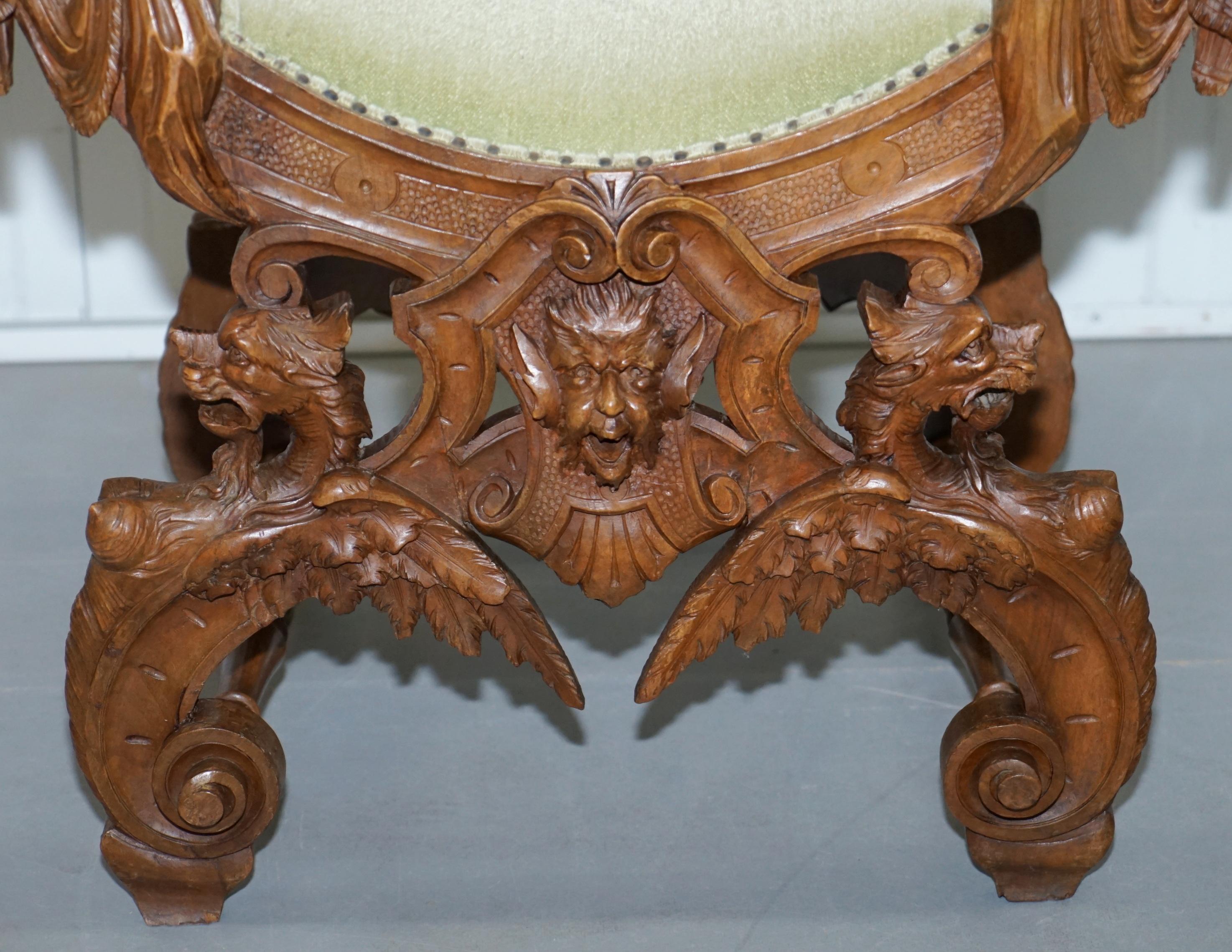 Rare Italian Renaissance Hand Carved Walnut Chair / Bench Seat Cherubs Dragons 11