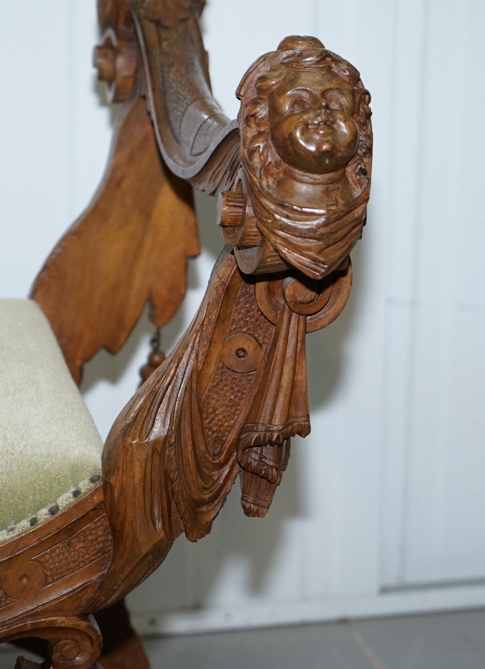 Rare Italian Renaissance Hand Carved Walnut Chair / Bench Seat Cherubs Dragons 12
