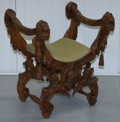 Rare Italian Renaissance Hand Carved Walnut Chair / Bench Seat Cherubs Dragons